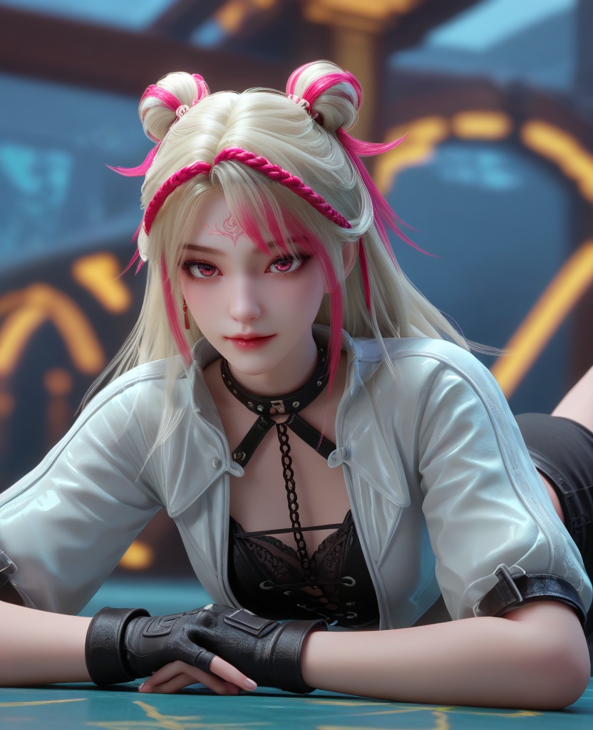 (oriental architecture, elegant decor, sophisticated style:1.1),(Lying on the stomach, propped up on elbows:1.1),(breasts:1.2),<lora:XL16克金玩家苏晓晓:0.95>,miss suxiaoxiao,white cropped jacket,black corset,pink eyes,forehead mark,double bun with long cascading hair,white hair,streaked hair,braid,black shorts,black fingerless gloves,thigh strap,single thighhigh,, score_9,score_8_up,score_7_up,score_6_up,score_5_up,score_4_up,3d rendering,tag1,tag2, Cinematic Lighting,backlighting,, zPDXL3, zPDXL2,zPDXL, zPDXLxxx, zPDXLrl,