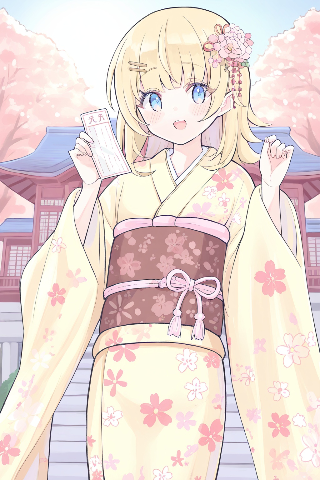 1girl,hair ornament,blue eyes,virtual youtuber,japanese clothes,kimono,blonde hair,watson amelia,solo,flower,looking at viewer,outdoors,smile,floral print,bob cut,open mouth,sash,omikuji,print kimono,obi,holding,hair flower,east asian architecture,shrine,architecture,blush,yellow kimono,holding paper,wide sleeves,day,long sleeves,medium hair,:d,new year,<lora:fruitsrabbit-000030:0.8>,