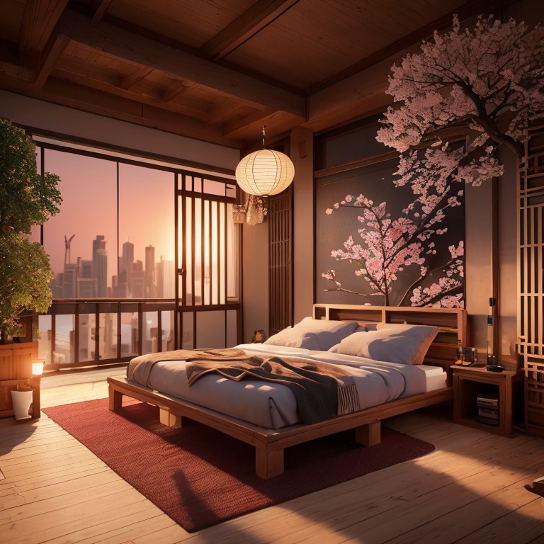 jianzhu, bedroom, warm lighting, wooden furniture, tatami mats, futon bed, shoji screen, cherry blossom painting, bonsai tree, potted plants, city view, high-rise buildings, sunset, light, shadow, contrast, composition, perspective, depth of field, focus, blur, bokeh, realism, photorealism, render, 3D<lora:jianzhu-000009:0.8>