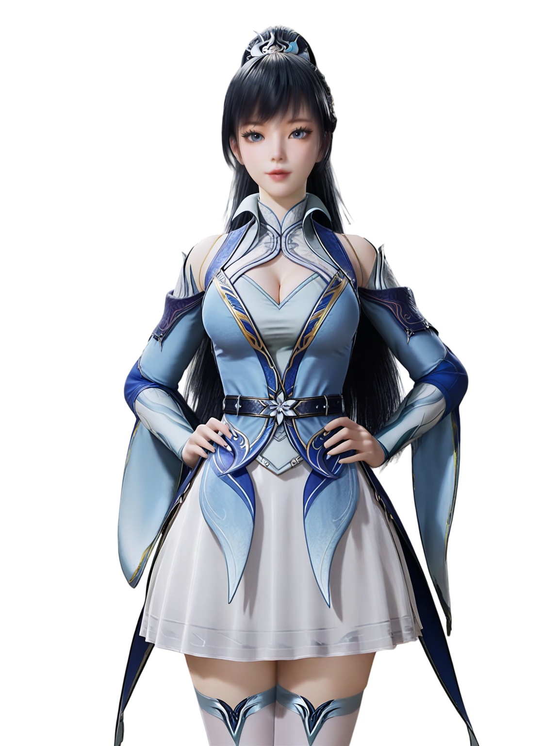 score_9,<lora:SF_TangYa_Pony_Realism2.3-000004:0.7>,1girl,solo,dress,bangs,eyelashes,black hair, large breasts, hair ornament,standing,skirt, thighhighs,looking at viewer,white background,simple background,cowboy_shot,