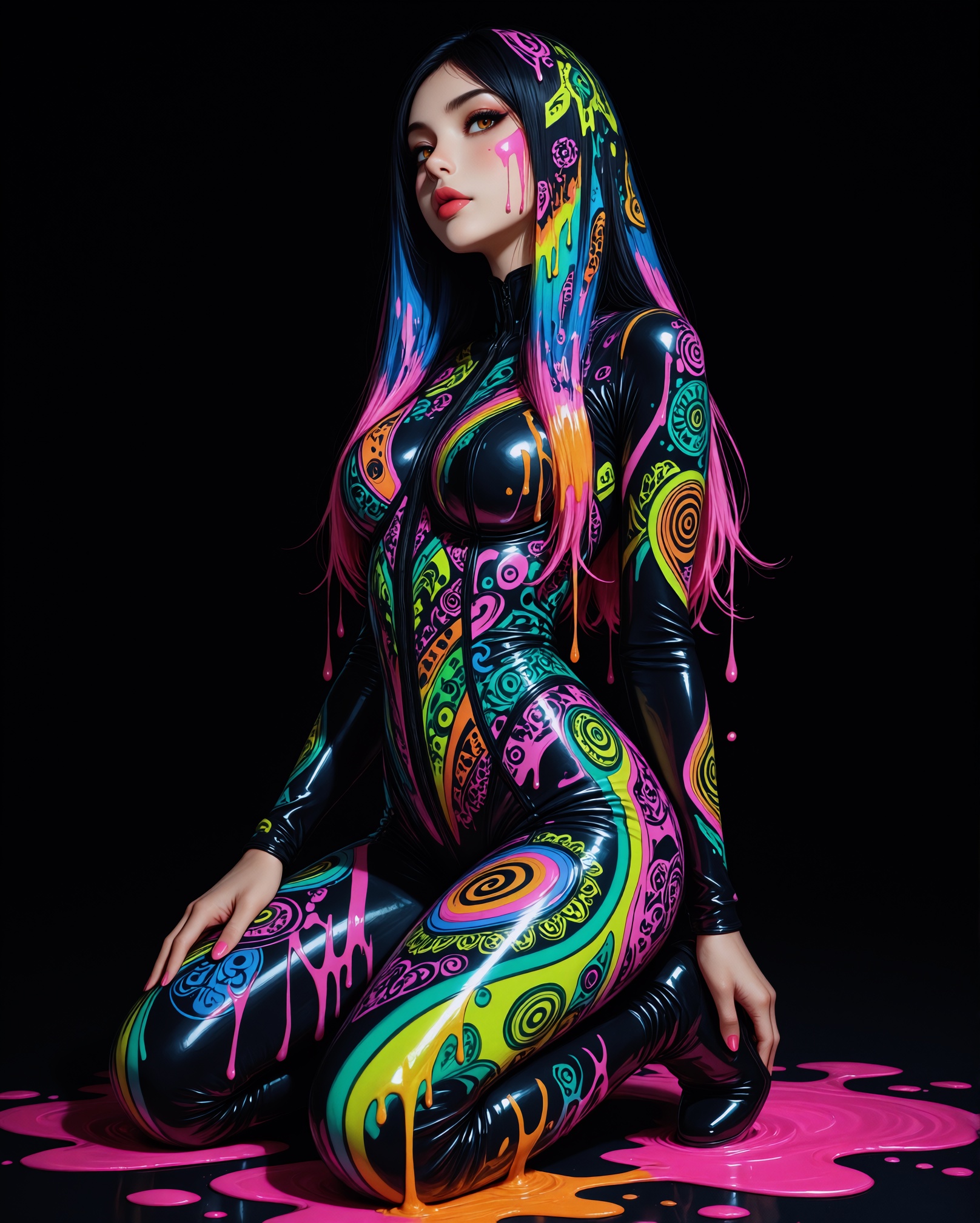 full body shot of a female model,  wearing artistic colorful bodysuit,  fully covered body on Tensor.Art