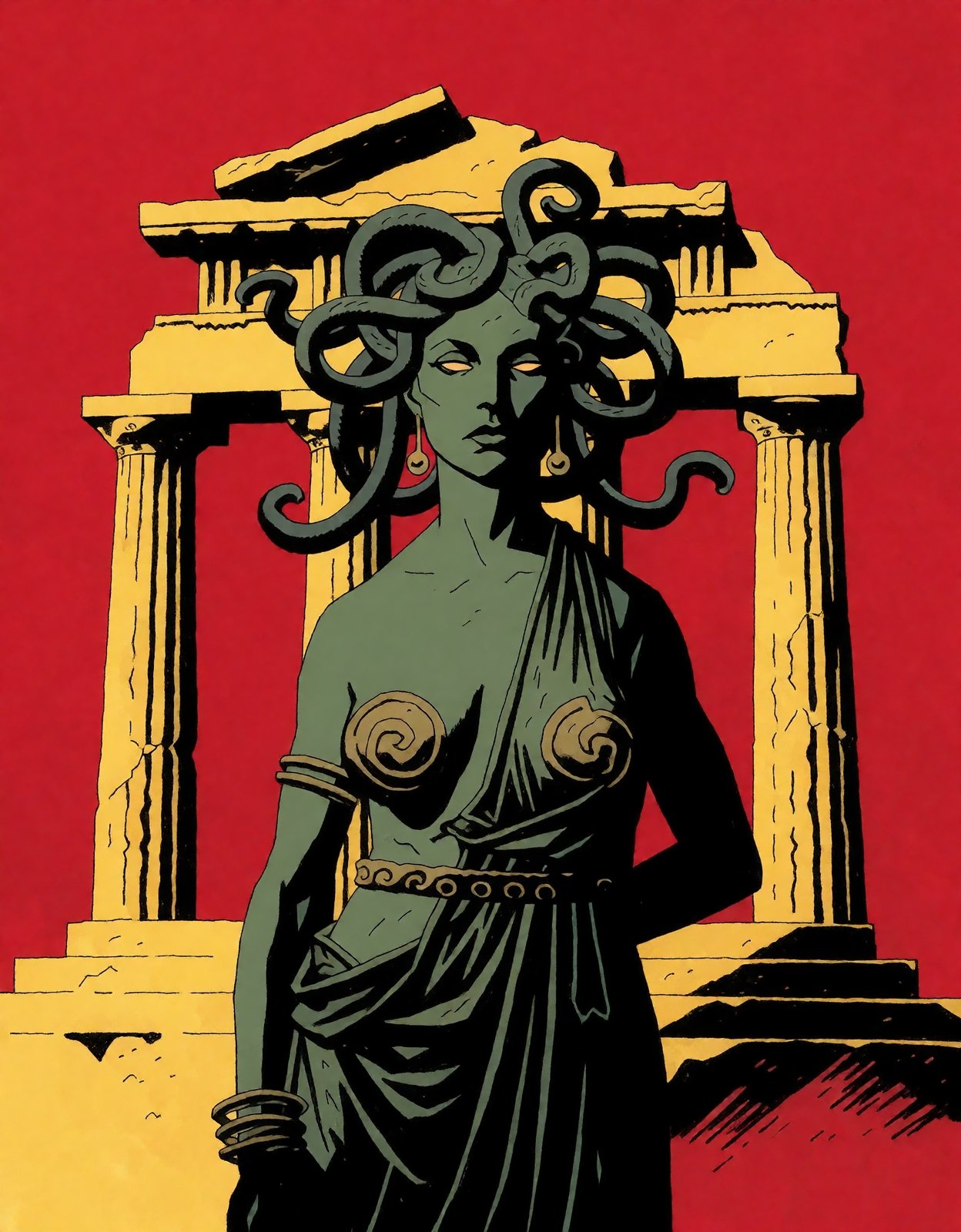 MignolaStyle,  Medusa,  standing in front of a yellow greek ruin on Tensor.Art