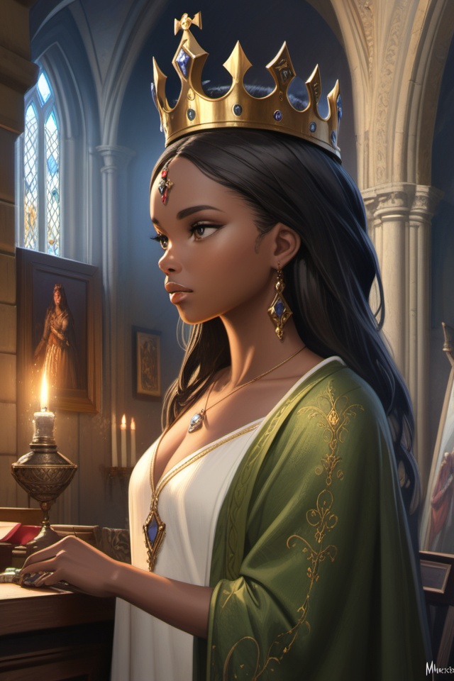 modelshoot style,(extremely detailed CG unity 8k wallpaper),full shot body photo of the most beautiful artwork in the world,medieval queen,green vale,dark skin,black woman,dark skin,golden crown,diamonds,medieval architecture,professional majestic oil painting by Ed Blinkey,Atey Ghailan,Studio Ghibli,by Jeremy Mann,Greg Manchess,Antonio Moro,trending on ArtStation,trending on CGSociety,Intricate,High Detail,Sharp focus,dramatic,photorealistic painting art by midjourney and greg rutkowski,