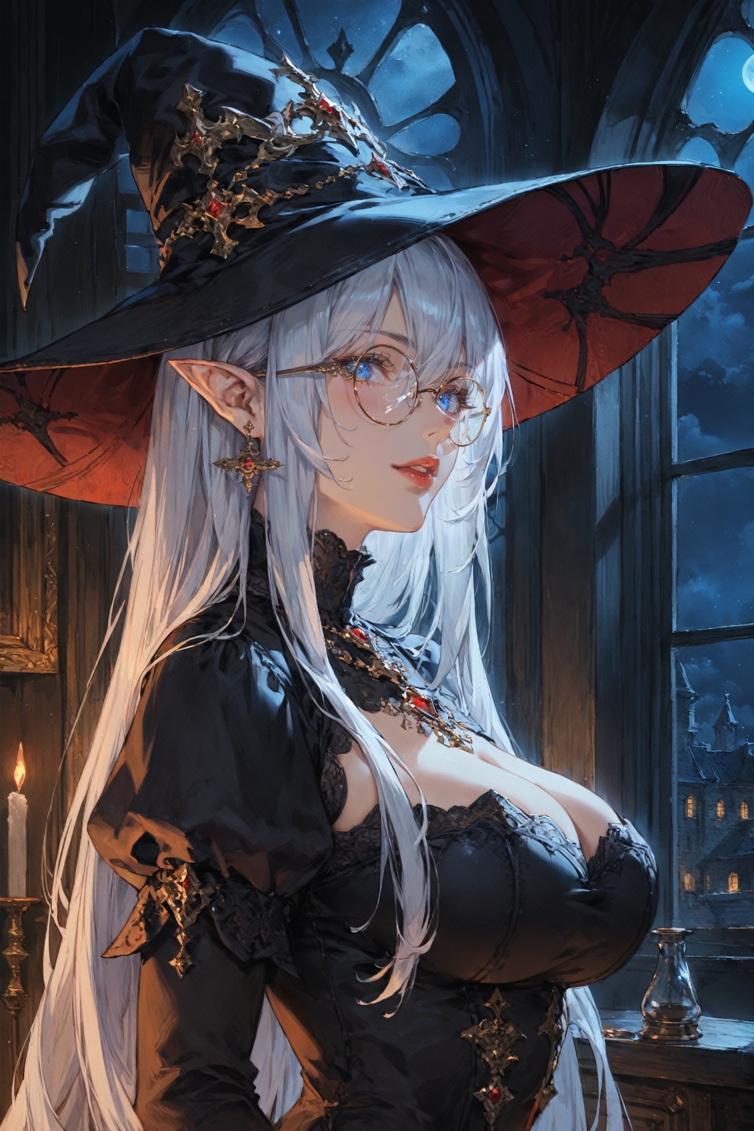 score_9, score_8_up, score_7_up, masterpiece, best quality, absurdres, very aesthetic, source_anime, detailed illustration, 8K UHD, fantasy themed, ((nighttime, window:1.3)), from side, 1girl, solo, long hair, looking at viewer, bangs, blue eyes, large breasts, long sleeves, hair between eyes, red lips, jewelry, upper body, white hair, earrings, parted lips, glasses, pointy ears, puffy sleeves, black dress, black headwear, witch hat, juliet sleeves, round eyewear, ((very dark room)), indoors