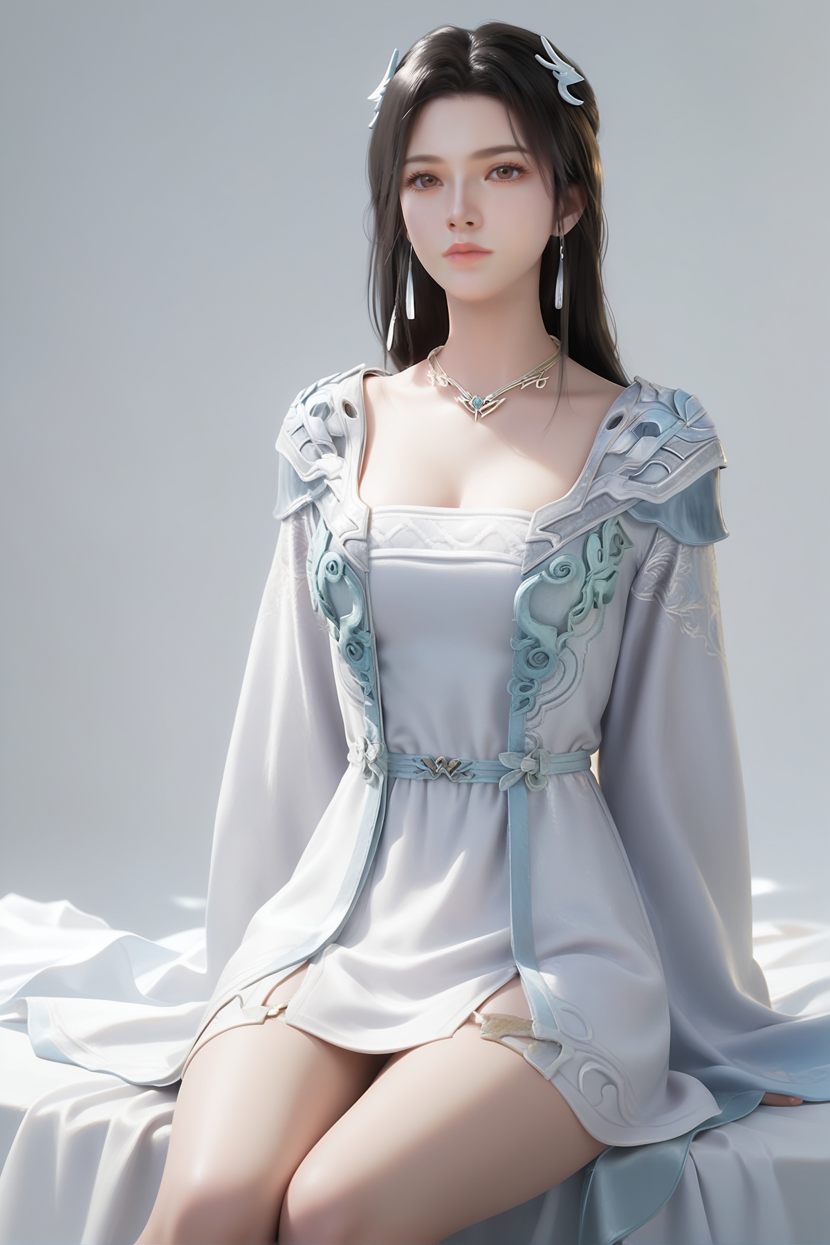 score_9,score_8_up,score_7_up,<lora:wy_caiyunxianzi_XL7.0:0.8>,1girl,long hair,breast,medium breast,earrings,hair_ornament,dress,black hair,brown eyes,white_dress,thick_thighs,sitting,simple background,white_background,