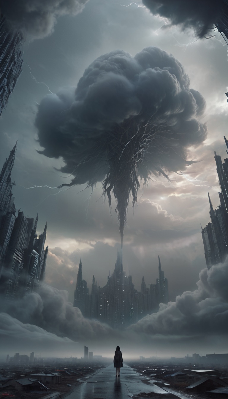 <lora:xl-shanbailing-1215白棱monster-000002:0.9>,bailing_monster,a huge monster passes through the clouds,outdoors,(1girl:0.3),city,mitsu_masaya,cloudy,megalophobia,centered composition,ultimate light and shadow,UHD,8k resolution,cinematic lighting,extremely low angle shooting,Darkgiants,science fiction,biomechenical environment,outdoor,overwhelming storm,unbelievable landscape,Chris Cold,matte painting concept art,fantasy art,horror art,low angle,from below,dutch angle,