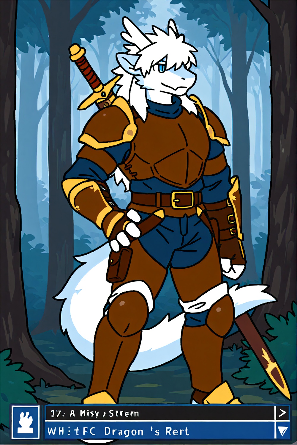 The image depicts a muscular, anthropomorphic dragon character standing confidently in a forest setting. The dragon has a blue and white color scheme, with a prominent white mane and tail. It is adorned with brown leather armor, including shoulder guards, gauntlets, and a belt with pouches. The character holds a sword in its right hand, and its left hand rests on its hip. The background features a misty forest with trees and foliage, creating a serene and mystical atmosphere. The dragon's expression is stern and determined, suggesting readiness for action.artist:Wolfanine,furry,game ui,game style,status_bar,Electronic pixel style