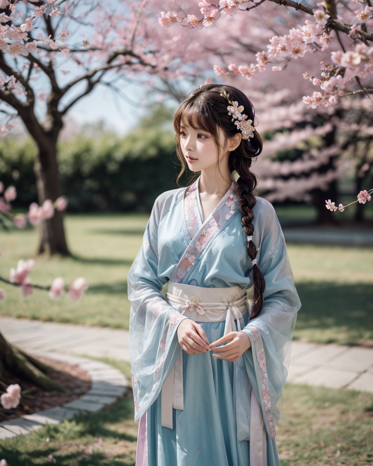 hanfu lulu,1girl,solo,flower,brown hair,hair ornament,realistic,hair flower,hanfu,chinese clothes,dress,blurry background,wide sleeves,long hair,standing,braid,long sleeves,outdoors,blurry,sash,looking to the side,cherry blossoms,<lora:hanfu lulu_20231203210612:0.5>,