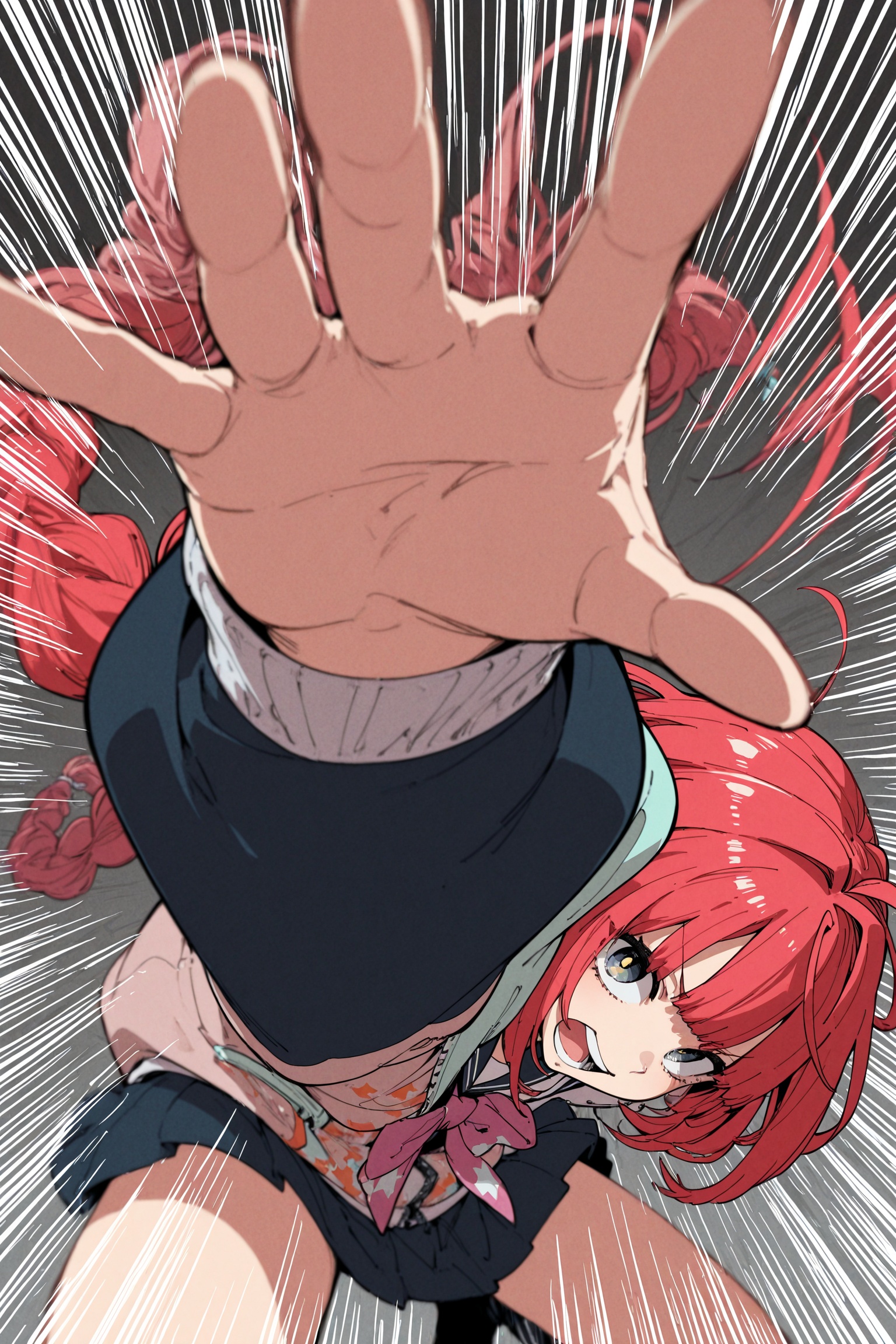 masterpiece,best quality,(by ushiki_yoshitaka:1),1girl,solo,ukinami yuzuha,foreshortening,dynamic pose,emphasis lines,reach out,hand,