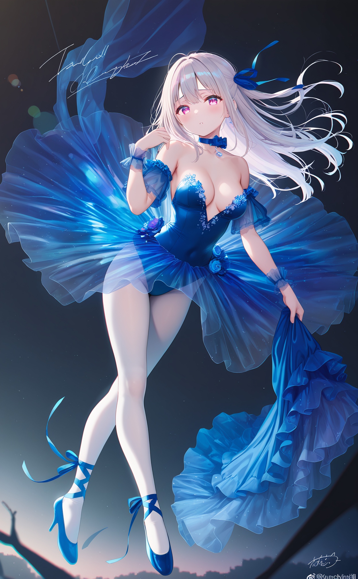 masterpiece,absurdres,best quality,high quality,chromatic_aberration,Night,darkness,black theme,shy,embarrass,endured_face,nsfw,//,completely_nude,**********,unworn_skirt,clothes_down,medium breasts,unbuttoned clothes,slender_waist,bare shoulders,collarbonea,//,1girl,solo,white hair,long hair,full body,breasts,dress,blue dress,looking at viewer,blue leotard,pantyhose,english text,white pantyhose,cleavage,blue footwear,high heels,ribbon,weibo username,leg ribbon,ballet slippers,watermark,signature,floating,blue ribbon,medium breasts,artist name,detached sleeves,floating hair,parted lips,purple eyes,blue choker,tutu,pale skin,strapless,see-through,weibo logo,ballerina,blue theme,hand up,leotard,bare shoulders,skirt,dark background,strapless dress,see-through skirt,closed mouth,pink eyes,//,potorealistic,((Artist:na-ga)),artist:luvluvvox,artist:fukai ryosuke,[artist:Torino aqua],artist:minato hitori,hiten_(hitenkei),artist:rurudo,artist:lazuri7,artist:yunikon,artist:ramchi,(courreges_ace),//,highres,HDR,8K,high contrast,illustration,depth of field,(colorful),Tyndall effect,contrast,lens flare,
