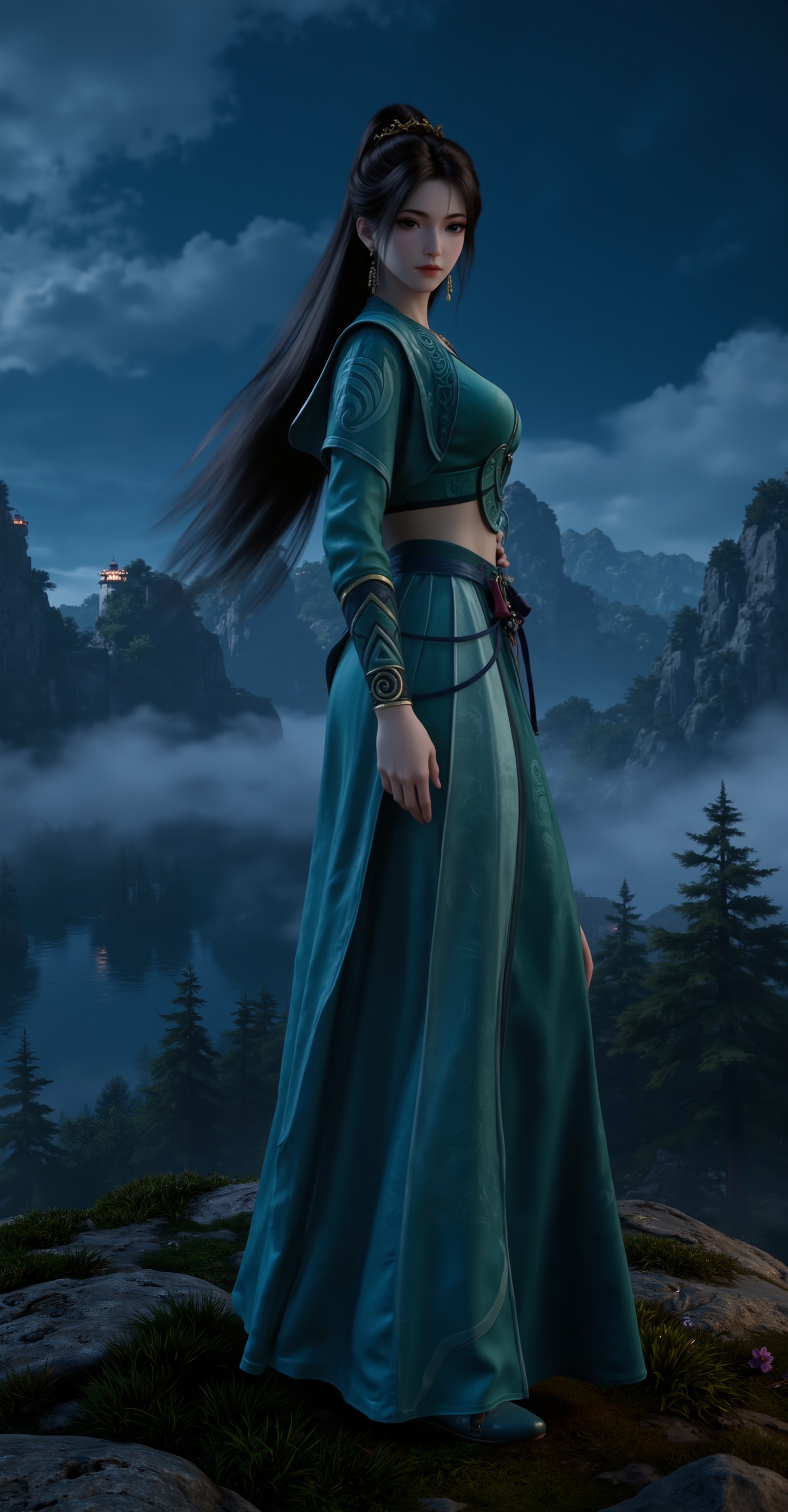 <lora:慕沛灵·6:1.1>,mupeiling,1girl,solo,jewelry,earrings,brown hair,skirt,ponytail,long hair,full body,white_background,cover,gradient background,close-up details,outstanding style,adding a touch of dimension to your images without compromising details,close-up,<lora:DJ滤镜_2.5D版:0.3>,lvjing,<lora:油画唯美滤镜15:0.2>,baoshi,