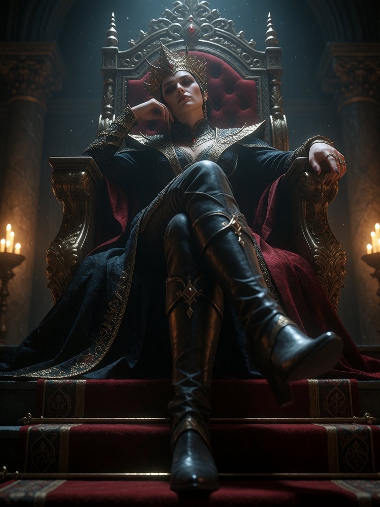 Cinematic low-angle frontal shot from the bottom of the steps looking up at a powerful queen sitting on her elevated thron...