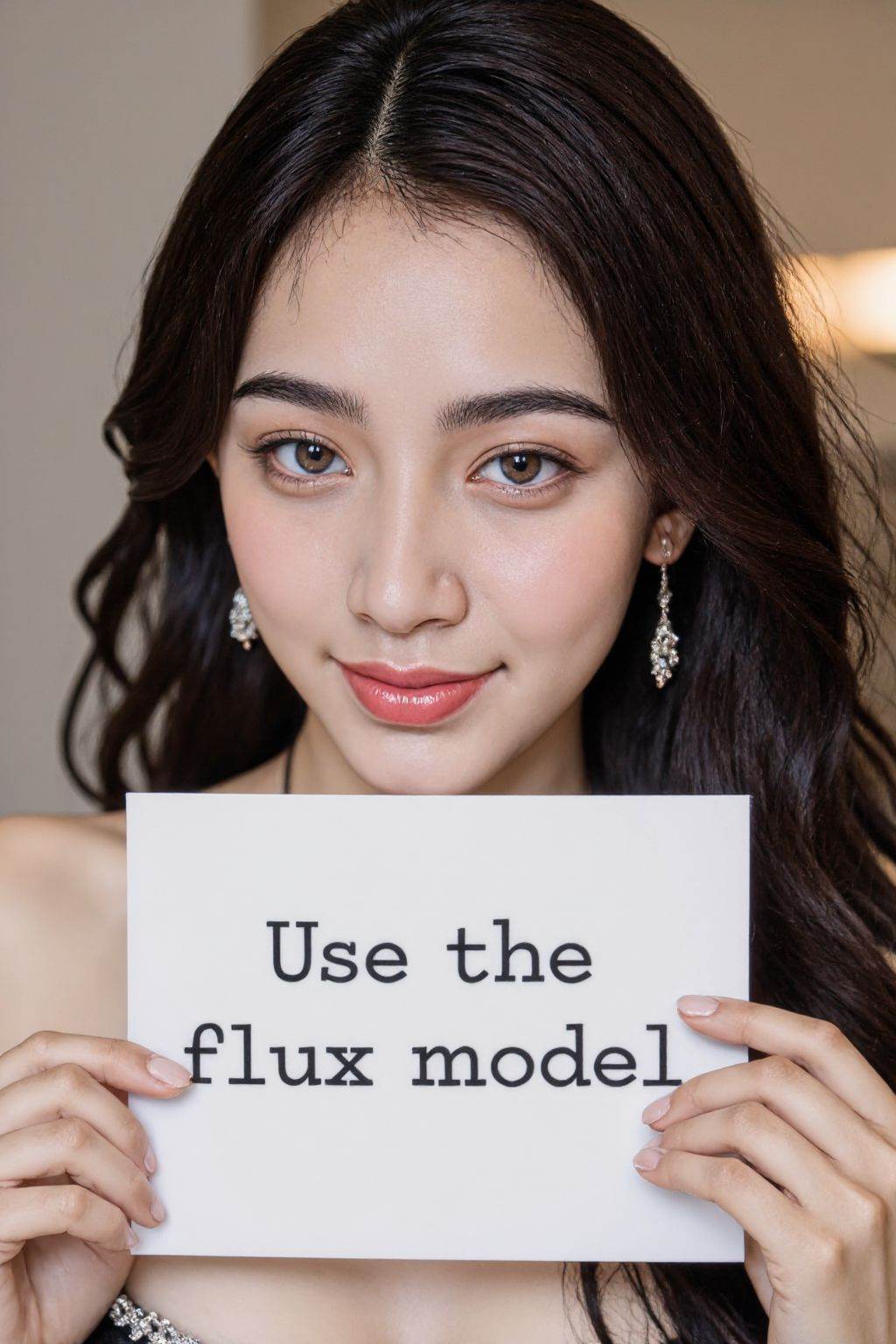 instagram photo, closeup face photo of young girl, brown eyes, pale skin, smile, black long hair, elegant dress, holding a sign with text "Use the flux model",