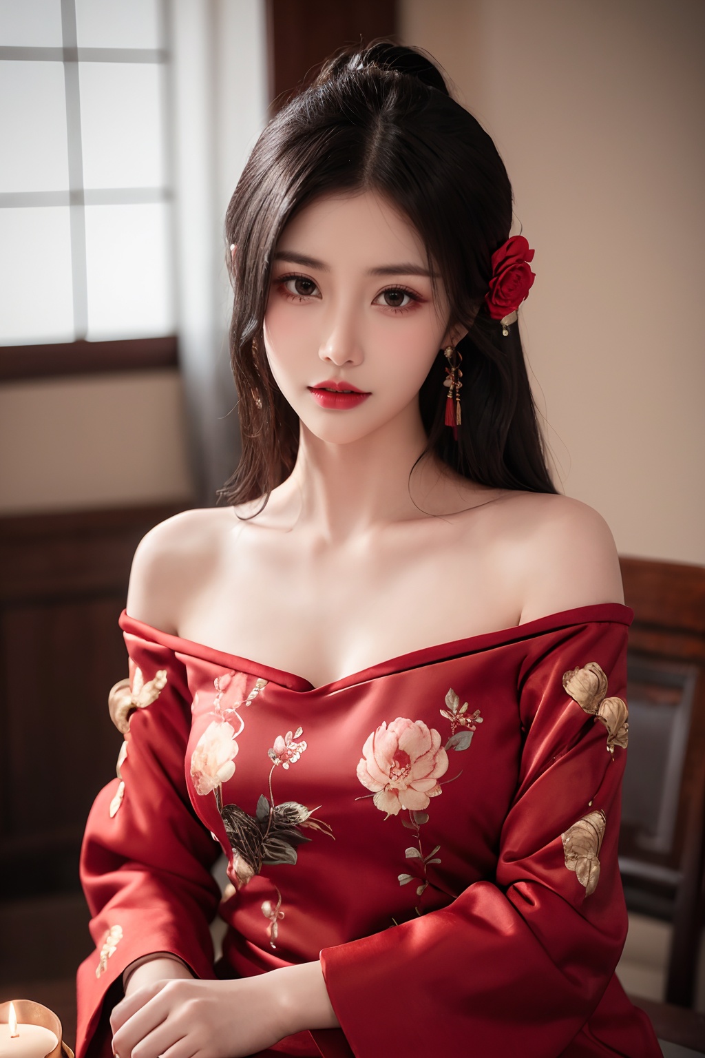 1girl,hair ornament,solo,flower,hair flower,candle,earrings,jewelry,black hair,black eyes,blurry,lips,red lips,looking at viewer,tassel,depth of field,makeup,realistic,(red_clothes:1.3),chinese clothes,floral print,upper body,medium breasts,off-the-shoulder,sitting,<lora:晓晓2:0.6>,