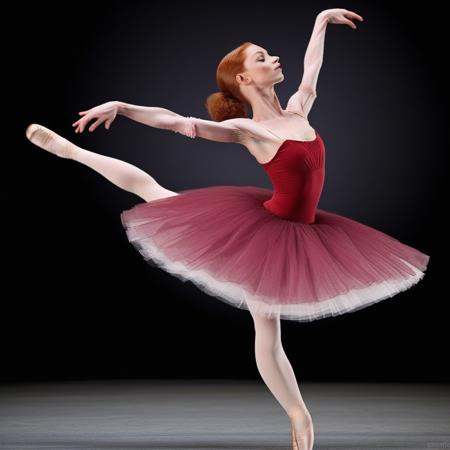 full shot side profile of a red head ballerina wearing the Bal_co,  classic ballet pose,  leg extended on Tensor.Art