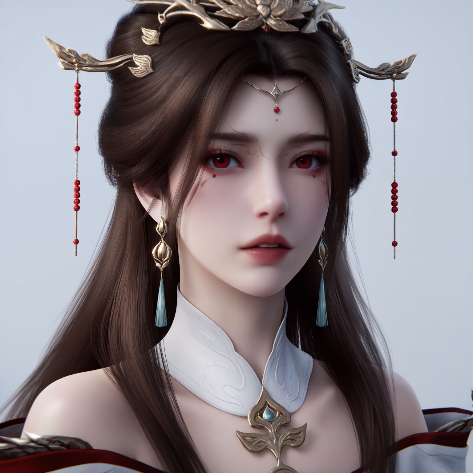 masterpiece,best quality,amazing quality,very aesthetic,high resolution,ultra-detailed,absurdres,(shiny_skin:0.6),(realistic:1.2),photorealistic,(fair_skin:1.2),pale_skin,looking_at_viewer,lvjing,<lora:姚惜雪-000015:0.6>,red eyes,1girl,dress,white dress,solo,hair ornament,jewelry,facial mark,forehead mark,(portrait:1.1),bare shoulders,long hair,brown hair,earrings,realistic,detached collar,hair bun,simple background,