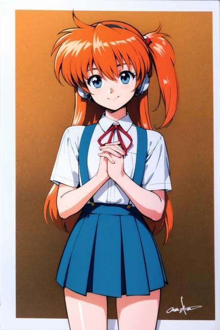 1girl, souryuu asuka langley, solo, long hair, school uniform, blue eyes, smile, white background, ribbon, shirt, simple background, own hands together, orange hair, short sleeves, skirt, red ribbon, neck ribbon, white shirt, bangs, hair between eyes, looking at viewer, tokyo-3 middle school uniform, signature, closed mouth, two side up, hair ornament, suspender skirt, interface headset, suspenders, traditional media, cowboy shot, interlocked fingers, blue skirt,<lora:Kenichi Sonoda:0.8>