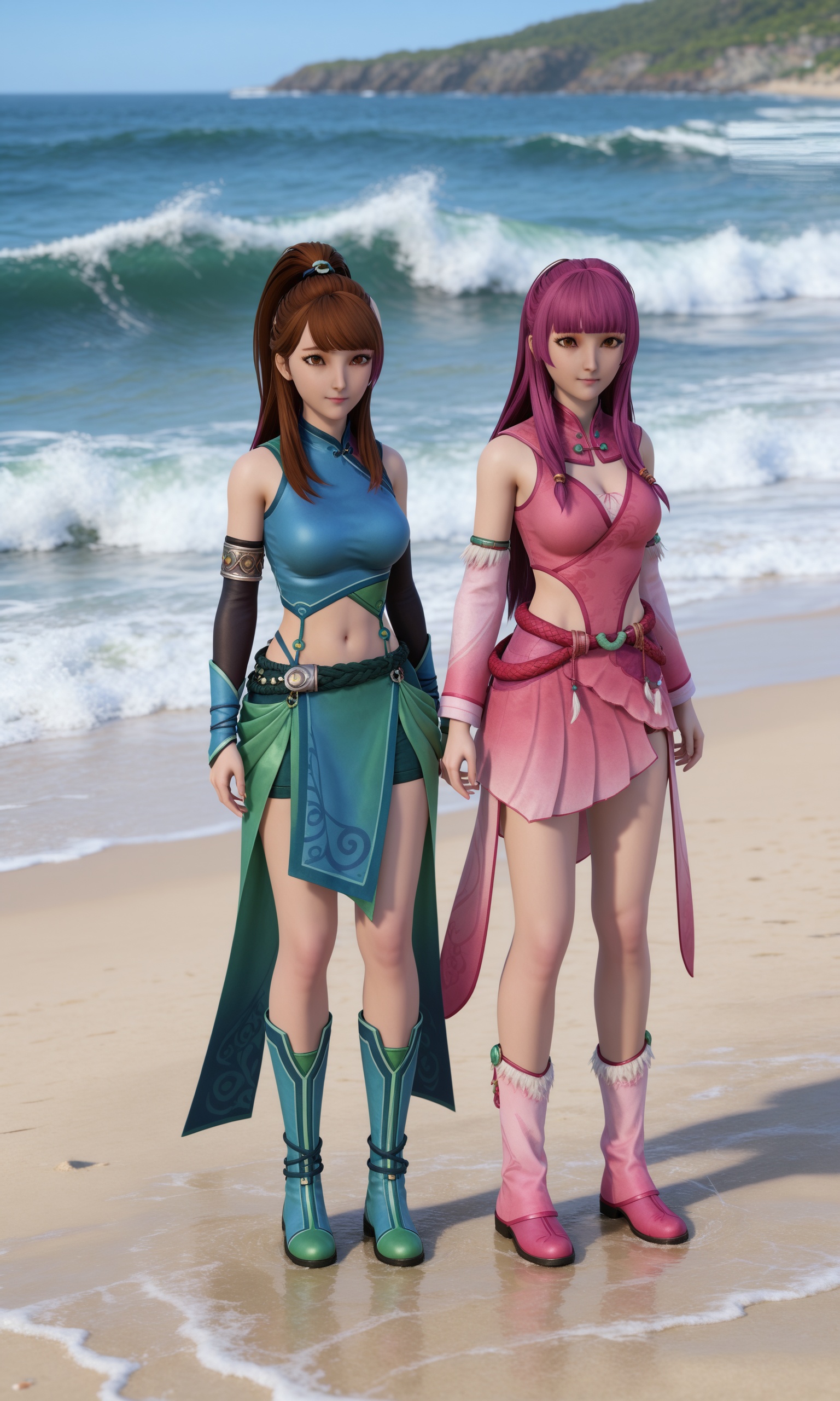 <lora:妖神记-叶紫芸+肖凝儿Pony:0.7>,2girls,brown hair,ponytail,brown eyes,hair ornament,bare shoulders,midriff,navel,green boots,long hair,brown eyes,breasts,green skirt,blue crop top,long hair,pink hair,blunt bangs,bangs,pink dress,pink boots,detached sleeves,standing,Seaside,beach,waves,full body,