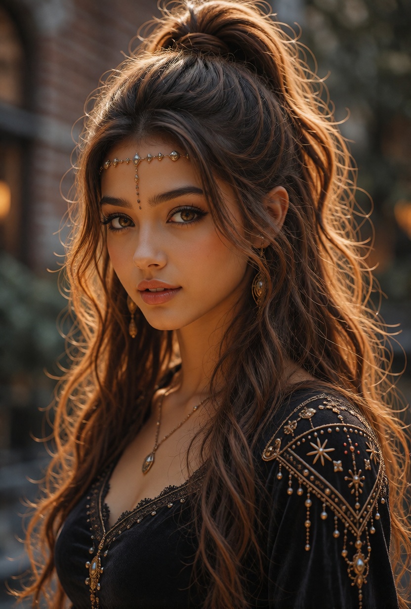 NalaX,  long warm brown hair styled in a high ponytail,  with thick cascading waves and loose strands framing her face. [F...