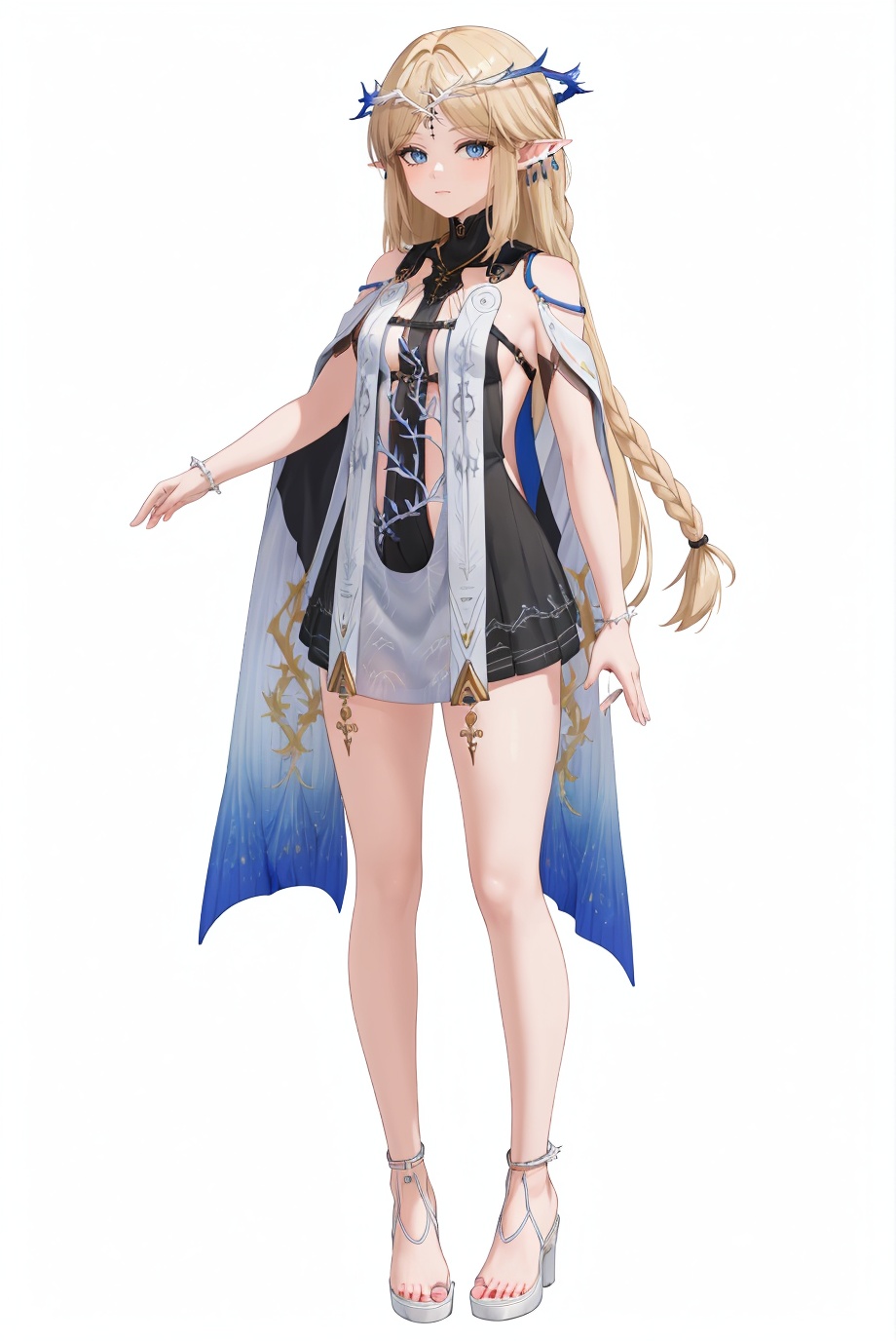 8k,best quality,masterpiece,(ultra-detailed),(high detailed skin),(by nanoless, by misumi \(macaroni\),:0.5),A full-body portrait of a young girl,standing gracefully,pastel art style,high-key lighting,shoujo manga influence,hd quality,delicate details,full body,full shot,standing,looking at viewer,(solo:1.2),simple background,white background,<lora:Cartethyia&Fleurdelys-sd-Tanger-000019:0.8>,Cartethyia \(wuthering waves\), clothes: Cartethyia **** style clothes, small blue and white crown of thorns, Cartethyia white dress, black forehead mark, 1girl, blonde hair, pointy ears, long hair, blue eyes, braid, **** girl