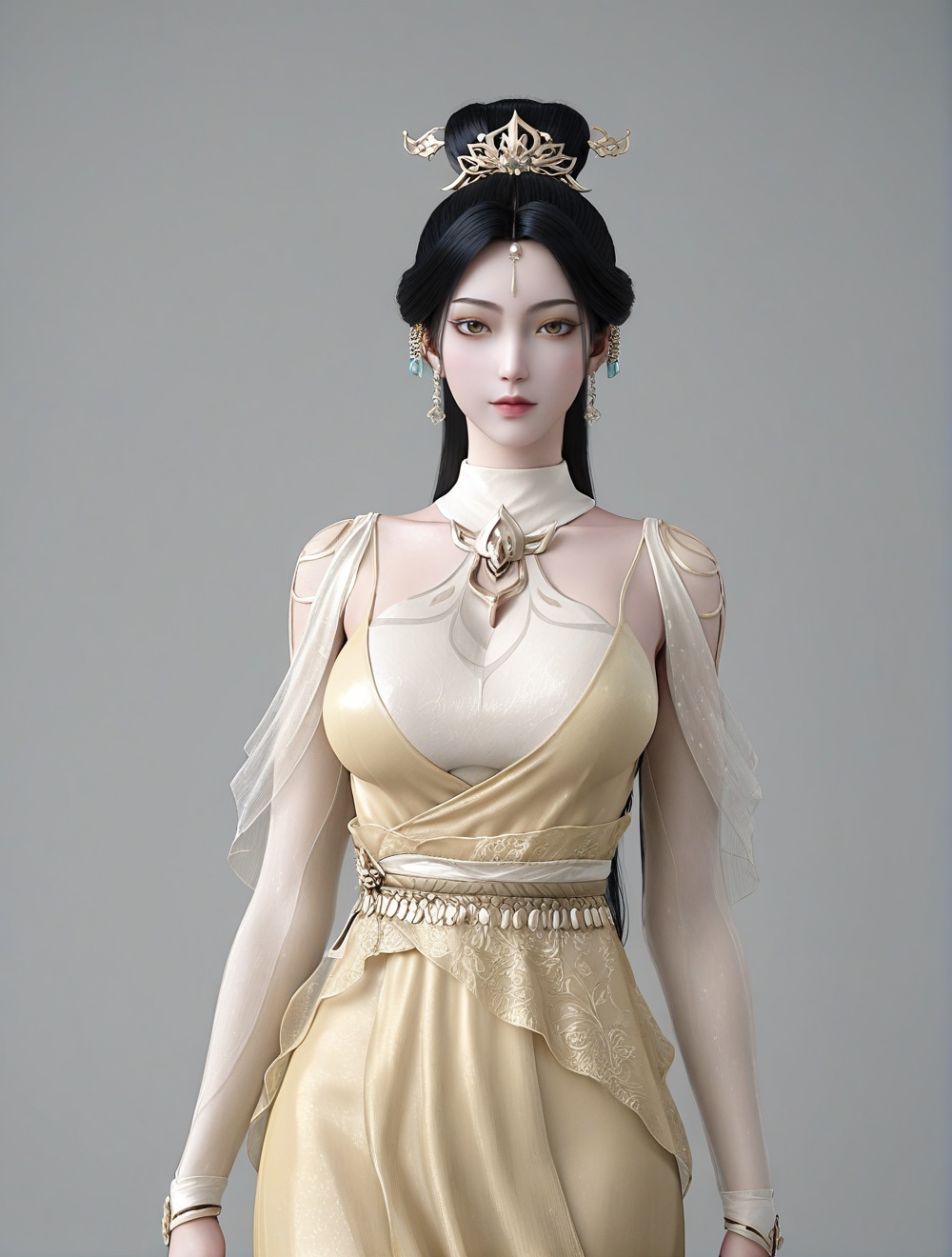 fair_skin,white_skin,Ivory_skin,score_9,<lora:SF_CaiJinJian_Pony_XXM-000004:0.7>,yellow dress,hair ornament,black hair,1girl,breasts,large breasts,standing,solo,looking at viewer,simple background,cowboy_shot,