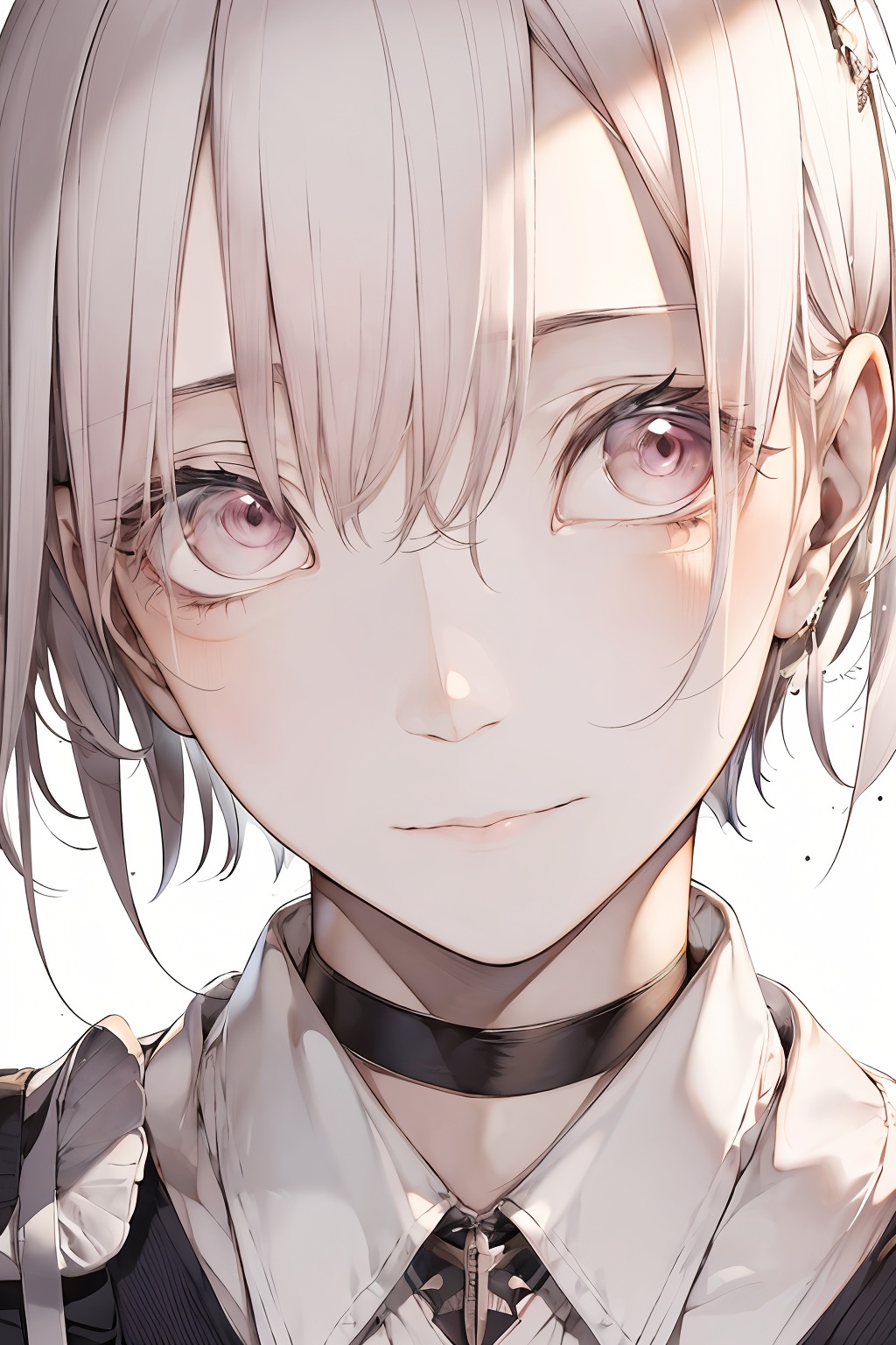 a close-up shot of a girl,1girl,looking at viewer,short hair,bangs,simple background,white background,hair between eyes,closed mouth,white hair,pink eyes,black choker,close-up,<lora:lbc_Girly_v2.0-000006:0.8>,