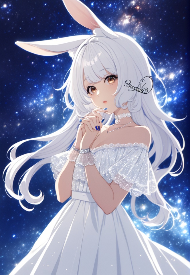 (best quality), ((masterpiece)), (highres), illustration, original, extremely detailed,  <lora:好き物语:0.7>1girl, solo, animal ears, dress, long hair, white dress, rabbit ears, off-shoulder dress, sky, blue nails, signature, own hands together, star \(sky\), off shoulder, bangs, starry sky, brown eyes, parted lips, bare shoulders, nail polish, white choker, night, mole under eye, choker, mole, jewelry, night sky, white hair