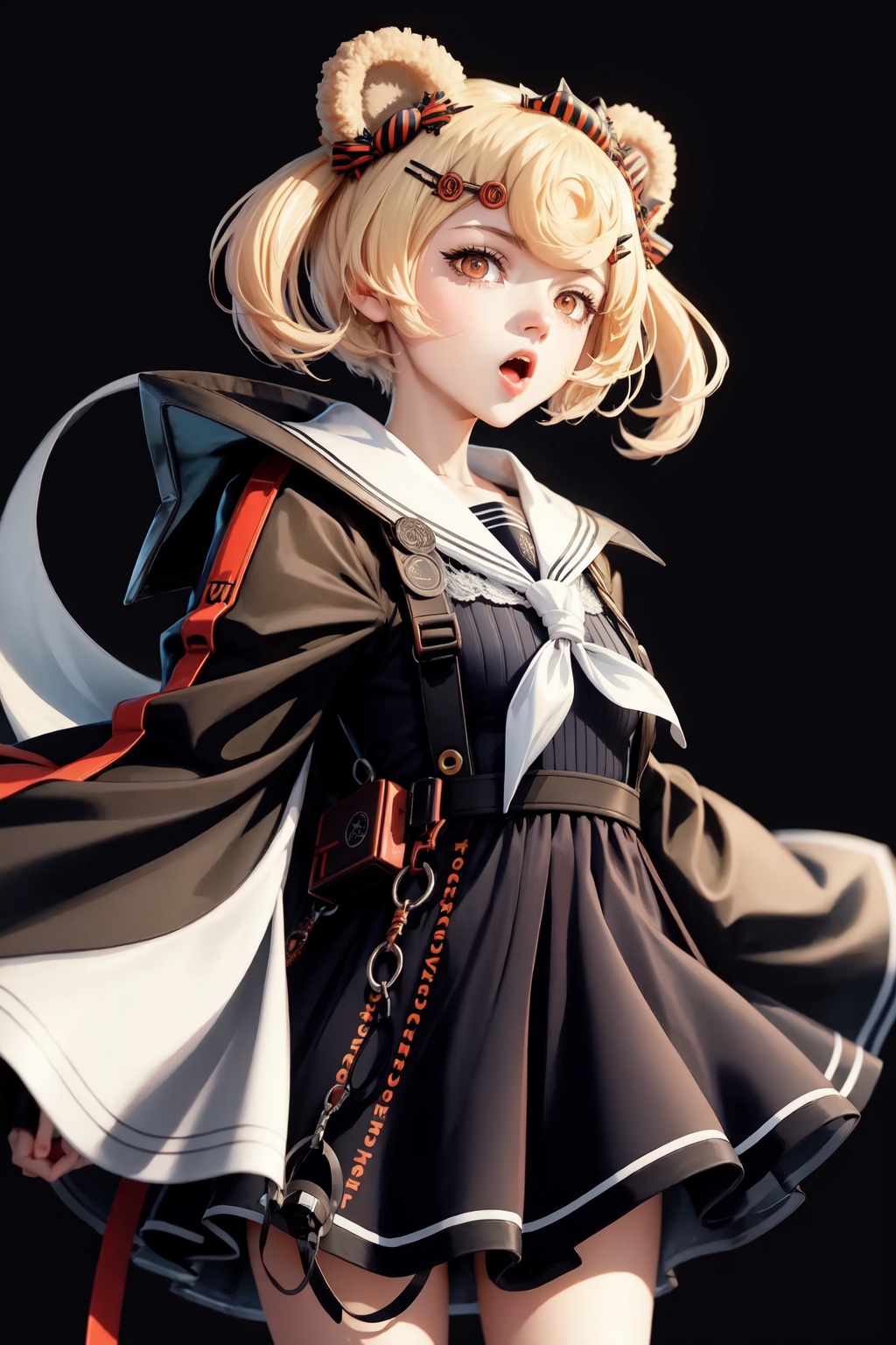 gummy_(arknights),1girl,candy_hair_ornament,open_mouth,hairclip,solo,sailor_dress,looking_at_viewer,long_sleeves<lora:gummy_(arknights):1>,simple background,white backgroundmasterpiece,best quality, highly detailed, 