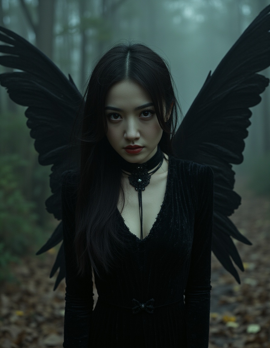 realistic portrait,film style,upper body,Aesthetics of material mourning,illusory and ethereal fairy with black wings,Gothic clothing,the background is the sacred symbol of ideal beauty that is about to disappear,translucent petals drifting with the wind,fluorescent raindrops like broken shadows,a little cold tone,natural hiding color method,complementary color coloring,hazy soft color,warm and glossy,frame composition,like dream,mystery,aestheticism,