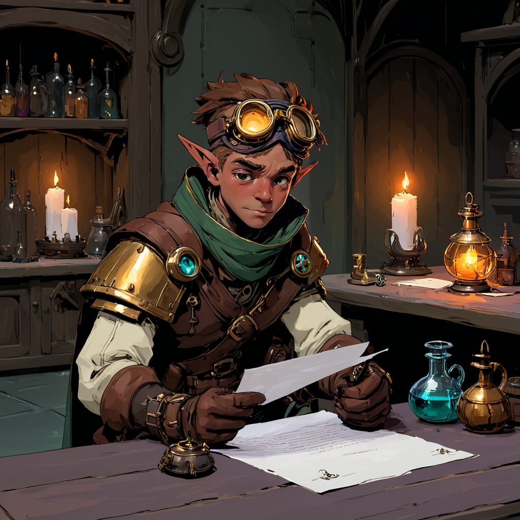 D&D Painterly,  The image shows a man sitting on a table in a room holding a piece of paper in his hands. On the table in...