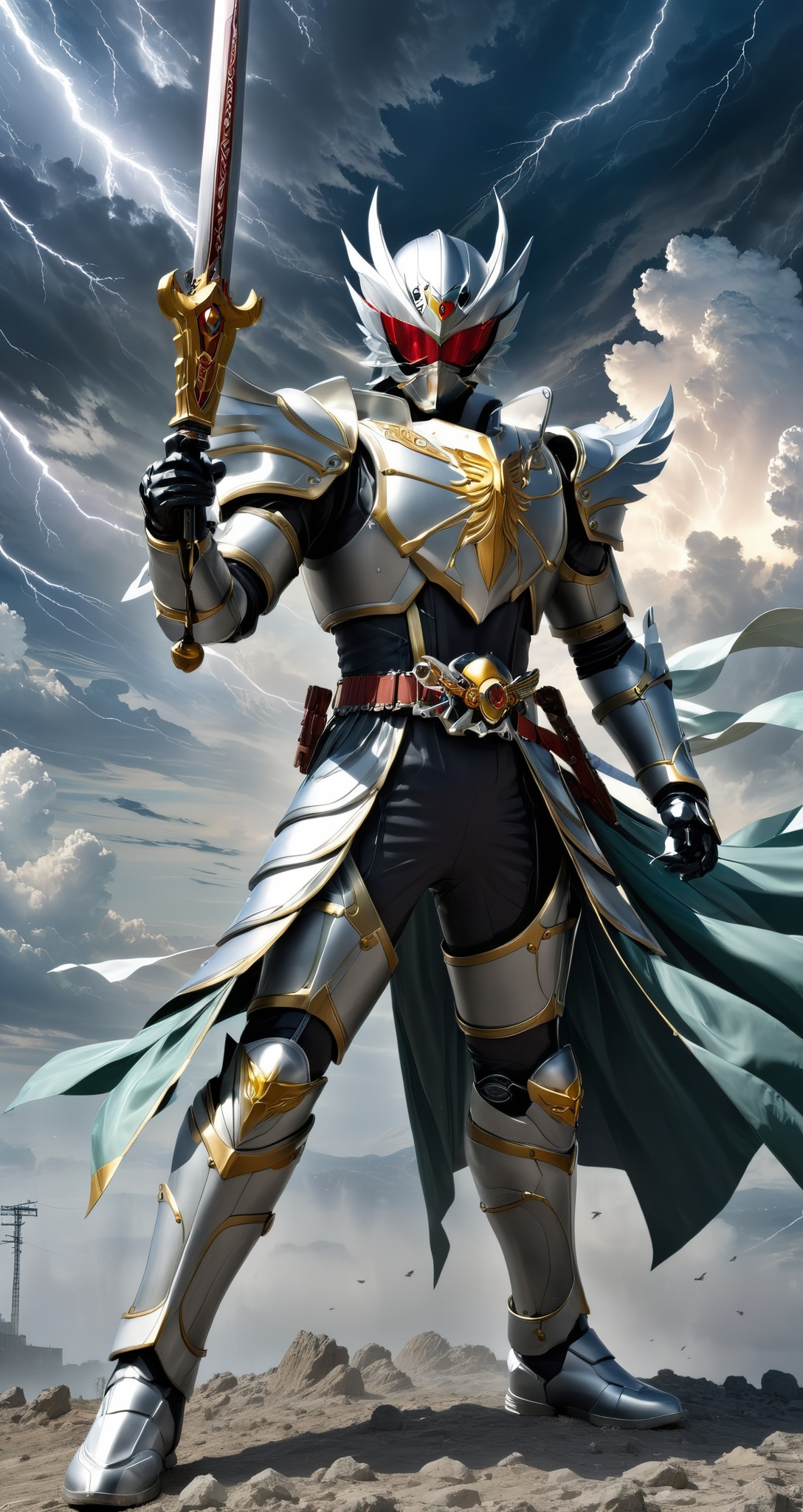 Kamen rider style,  Kamen Knight in the High Wind,  wearing high wind armor and holding the sword of the storm on Tensor.Art