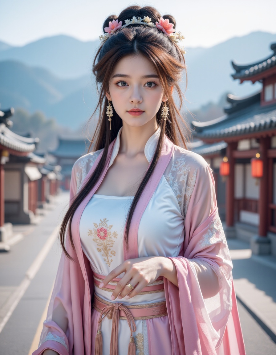 <lora:20250110_AgainCharacters_Flux:1>, 1girl, solo, earrings, jewelry, realistic, looking at viewer, long hair, brown hair, blurry background, hair ornament, flower, blurry, hair flower, hair bun, full body, closed mouth, white and pink chinese clothes, skirt, footwear