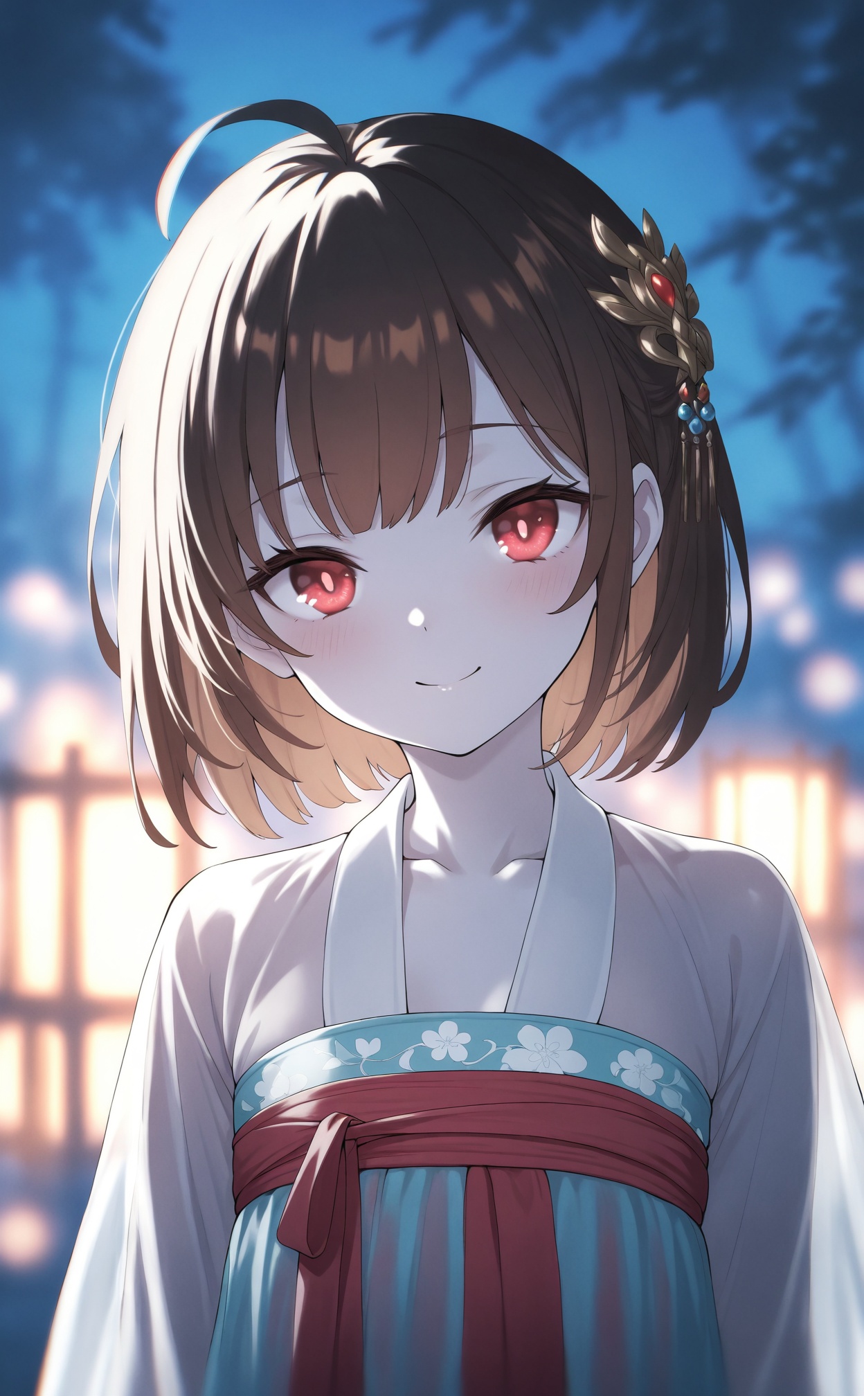 masterpiece,absurdres,best quality,((petite)),loli,high quality,chromatic_aberration,shiny_skin,//,Cool color theme,loli,mmd Style,night,1girl,solo,red eyes,hanfu,looking at viewer,hair ornament,short hair,upper body,brown hair,blurry,ahoge,bangs,see-through,depth of field,hanfu,smile,floral print,closed mouth,pale_skin,fair_skin,depth_of_field,Volumetric Lighting,Cinematic Lighting,background light,Tyndall effect,