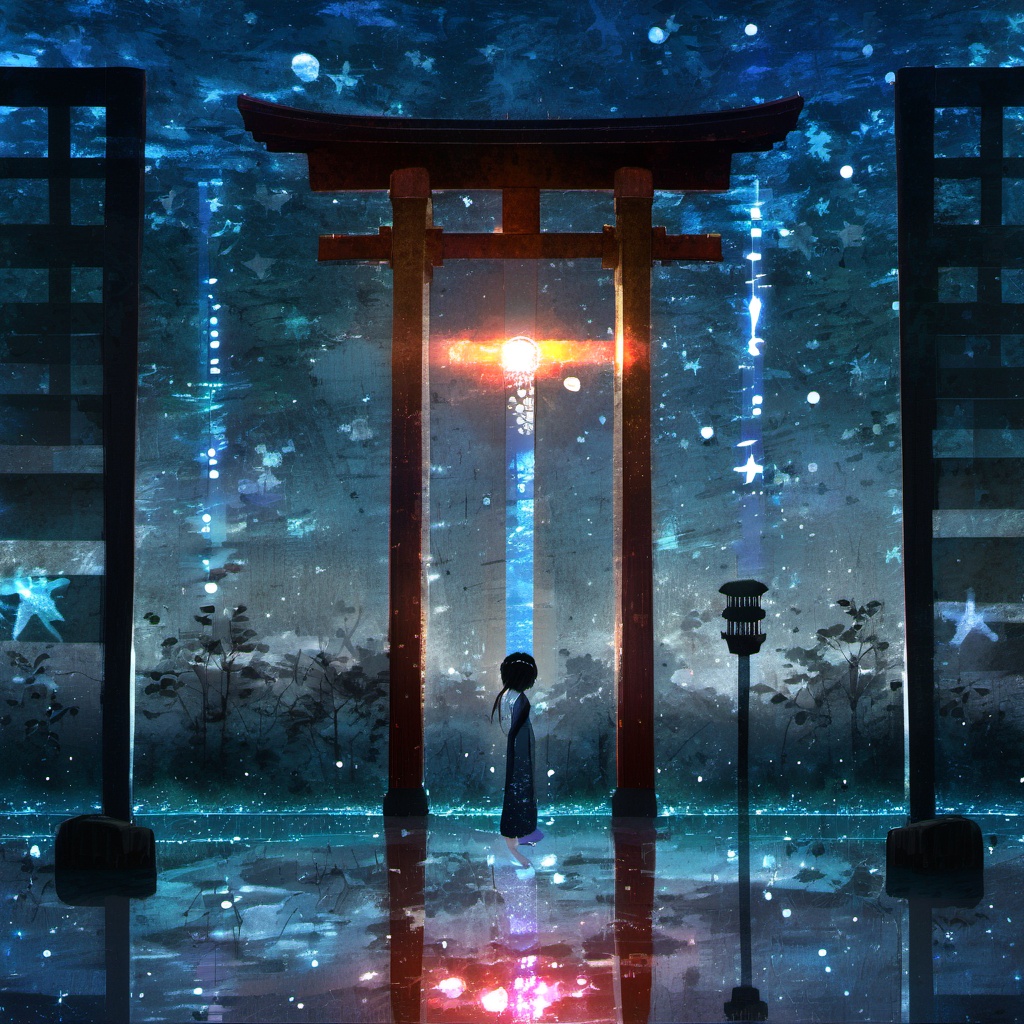 <lora:star_xl_v1:1>,The image portrays a serene nighttime scene, possibly in a traditional Japanese setting. A wooden torii gate stands prominently in the foreground, flanked by tall pillars. The ground is covered with a reflective surface, possibly a glass or polished stone floor, that mirrors the surrounding environment. The sky is filled with stars, and there are floating orbs of light, possibly representing fireflies or magical entities. On the right side, there's a modern building with large windows, illuminated from the inside. A lone figure stands in the distance, gazing at the sky, adding a touch of human presence to the otherwise ethereal setting., torii gate, pillars, reflective surface, stars, floating orbs, modern building, lone figure