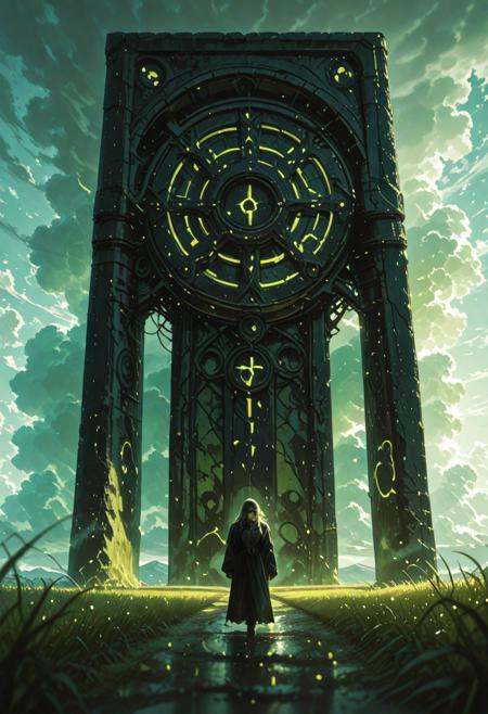 Color-grain Summer scene of a woman with billowing Long Hair Walking through a vast Green meadow Landscape with to a giant open door with a deep black abyss Grabbling Out of it resembling a stargate, veiled in a DARK robe resembling a jedi, very detailed, sunrise behind fluffy Clouds with extrem volumetric lighting backdrop, atmospheric haze, Film grain, cinematic film still, shallow depth of field, highly detailed, high budget, cinemascope, moody, epic,