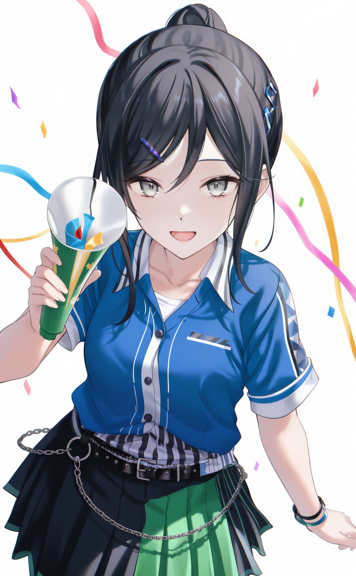 masterpiece,absurdres,best quality,high quality,chromatic_aberration,//,1girl, solo, black_hair, long_hair, shirt, skirt, confetti, white_shirt, looking_at_viewer, pleated_skirt, hair_ornament, holding, belt, hairclip, black_skirt, short_sleeves, smile, chain, open_mouth, swept_bangs, green_skirt, striped_clothes, white_background, collared_shirt, ponytail, bracelet, dot_nose, jewelry, buttons, multicolored_clothes, streamers, vertical-striped_clothes, holding_bottle, party_popper, bottle, black_belt, megaphone, collarbone, simple_background, grey_eyes, blue_shirt, multicolored_skirt, sidelocks, breasts, official_alternate_costume, high_ponytail, dutch_angle, cowboy_shot, from_above, jacket, hair_between_eyes//,//,<lora:timmoo——【CKXL】hans:1>,