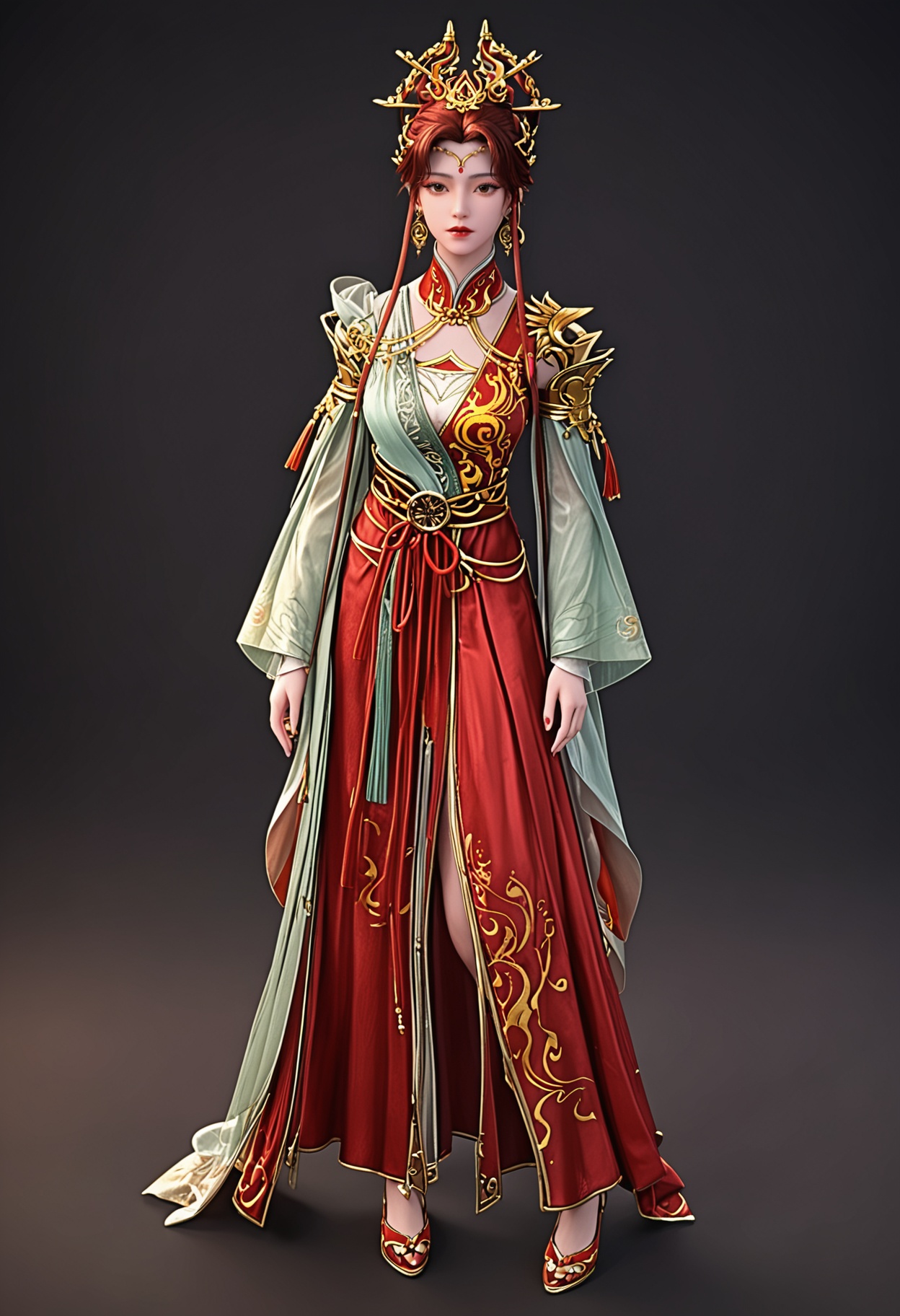 (standing full_body:1.1),(looking at viewer:1.1),facing viewer,direct gaze,<lora:YQ_pony_zhenxianyingling_V4:0.8>,q1528437228,1girl,solo,jewelry,earrings,hair ornament,brown hair,chinese clothes,dress,hair bun,red hair,brown eyes,long hair,long sleeves,forehead mark,detached sleeves,sash,BREAK simple background,pure black background,black background,perfect anatomy,