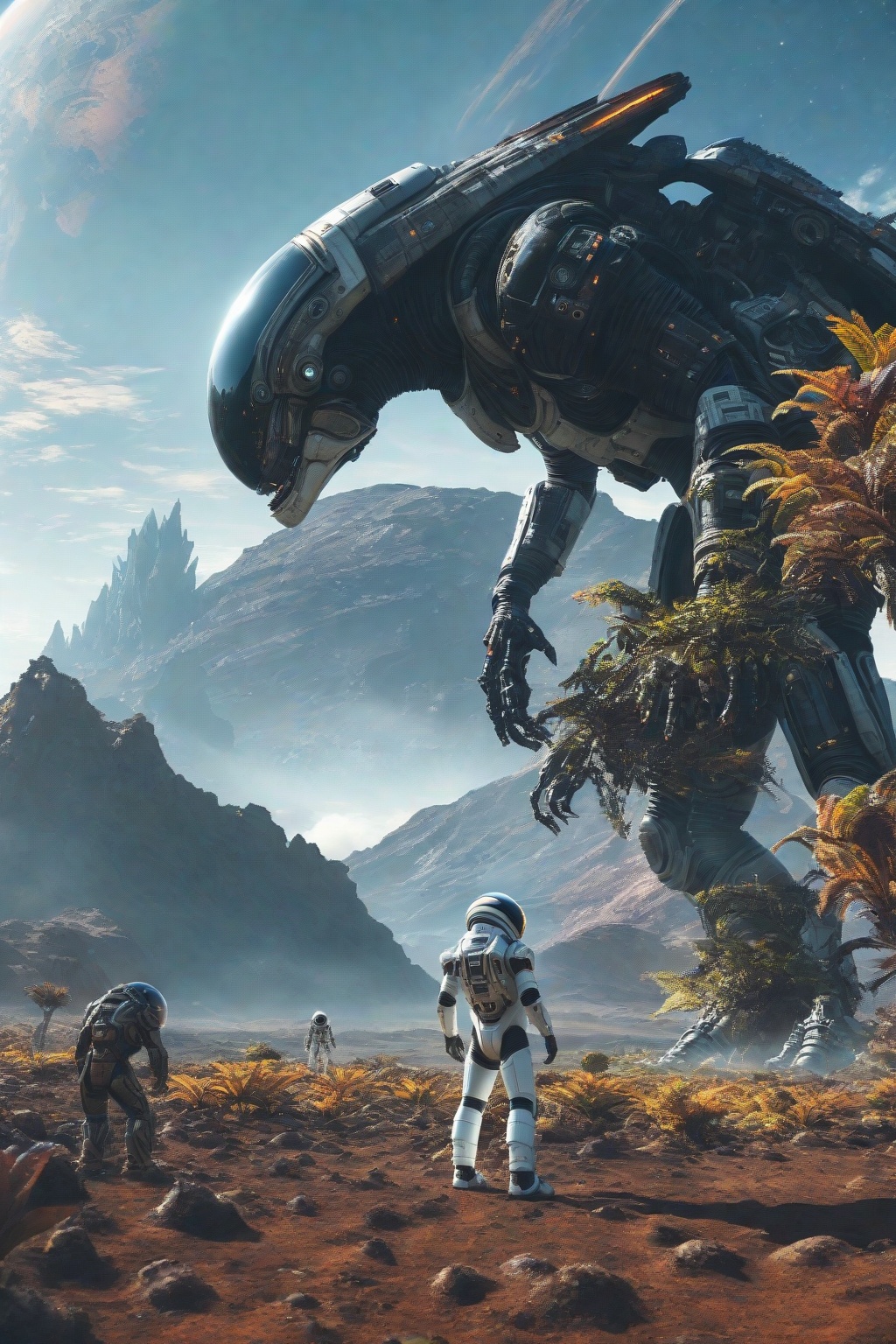 Alien mission work, a human astronaut dressed in an advanced mecha suit stands face-to-face with the huge alien inhabitants of the alien planet. Stunning Alien Landscape Background, Epic Picture, High Detail, Ultra High Resolution, 32K UHD, Best Quality, Masterpiece,