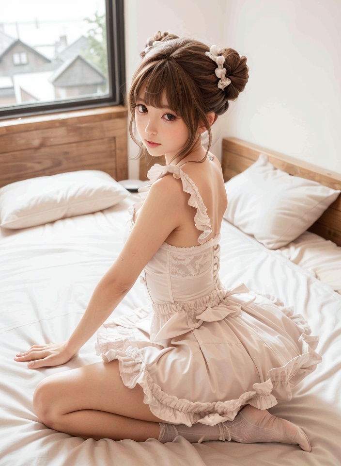 cmmluolita,1girl,solo,brown hair,bed,double bun,tutu,socks,dress,hair bun,indoors,on bed,ballerina,white dress,frills,brown eyes,<lora:cmmluolita_20231206091240:0.7>,