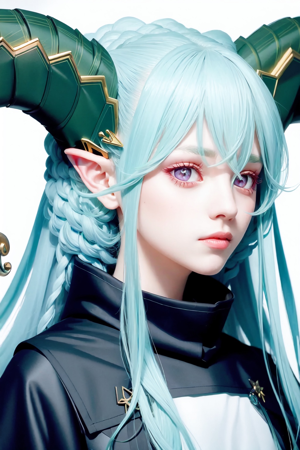 portrait,close-up,upper body,tiamat_(fate),1girl,curled_horns,symbol-shaped_pupils<lora:tiamat_(fate):1>,simple background,white background,masterpiece,best quality, highly detailed, 