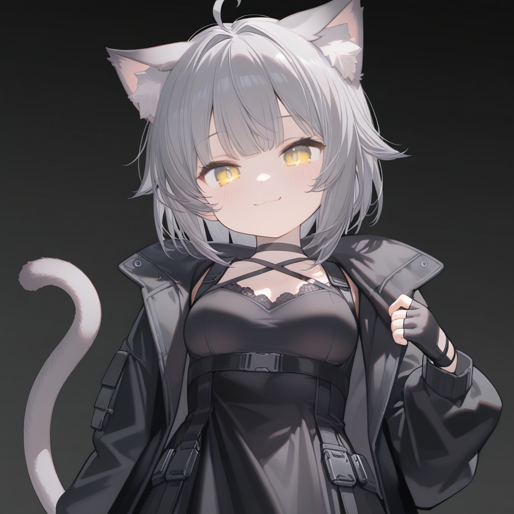 little girl,cat girl,solo,:3,smile.,(gray ears,gray tail,medium breasts,chest pushed out,gray short hair,yellow eyes,bangs,ahoge),black jacket,black techwear dress,open coat,strappy black top,black underewear,lace,belted at waist,choker,crossed strap detail on chest,multiple buckles,fingerless gloves,barefoot,(simple background,white background,transparent background),<lora:20260105-1767586568084:0.8>,maomao,