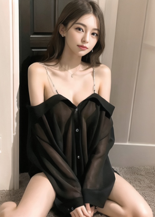 1girl,boyfriend,black,indoors, bedroom,sitting behind door,full body,   <lora:japaneseDollLikeness_v15:0.7> <lora:boyfriend:0.8>