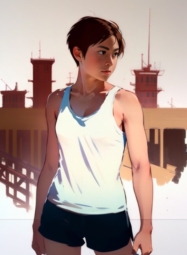 1girl, solo, short hair, simple background, brown hair, white background, brown eyes, shorts, **** top,<lora:SD1.5_Nianhua2:0.8>