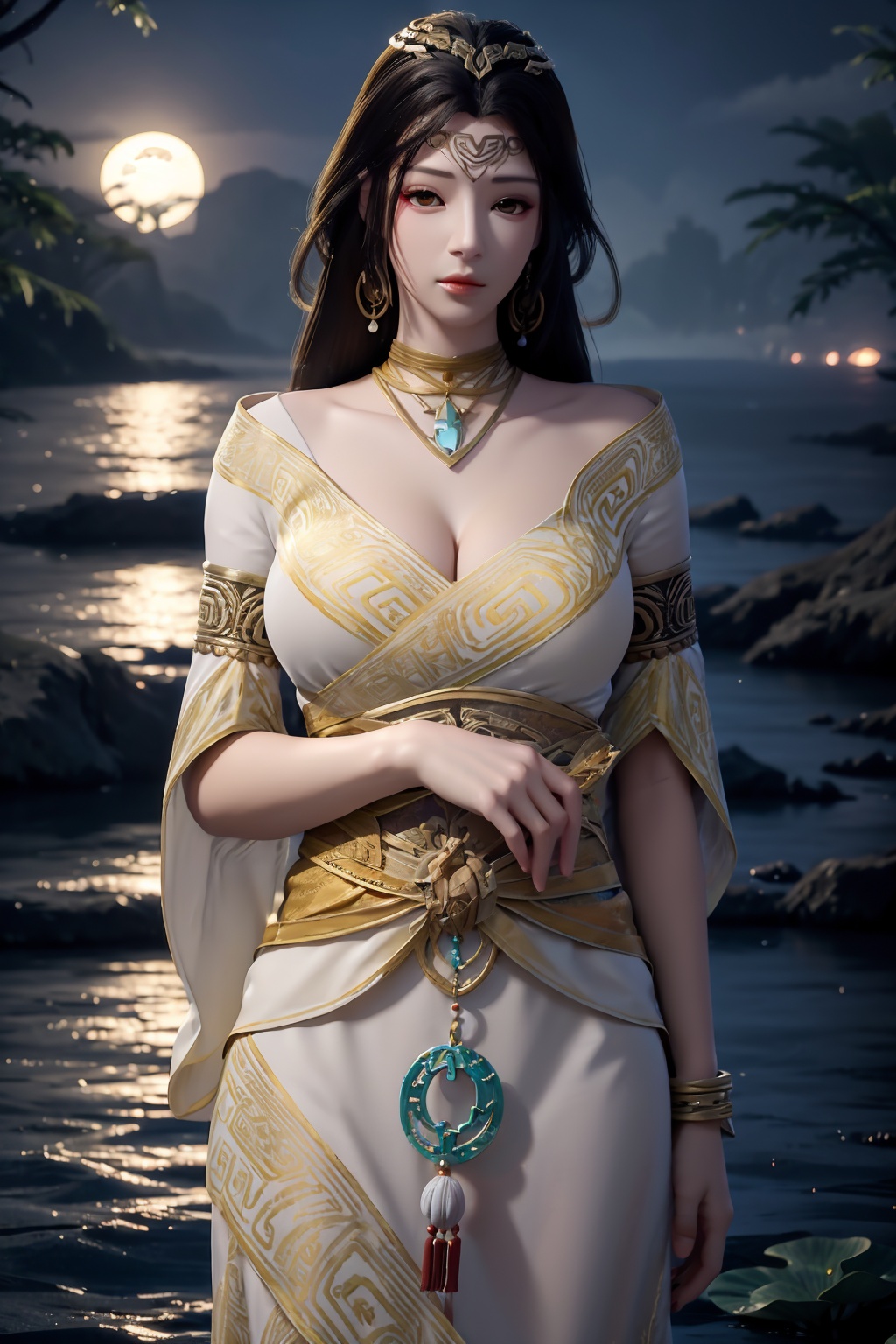 standing,dress,chinese clothes,flower,full_moon,moon,night,lily_pad,lotus,moonlight,water,night_sky,lily_\(flower\),sky,partially_submerged,1girl,solo,hair ornament,realistic,nail polish,photo_\(medium\),(big breasts, cleavage),makeup,(8k, RAW photo, best quality, masterpiece:1.2),(realistic, photorealistic:1.3),ultra-detailed,extremely detailed cg 8k wallpaper,(crystalstexture skin:1.2),extremely delicate and beautiful,(sexy pose:1.2),chinese dress,