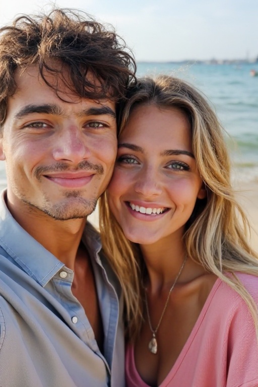 <lora:20250521_AgainMouthSizeF1Lora:-1>,This is a photograph of a young couple posing for a selfie outdoors. The woman with long blonde hair, wears a pink top. The man with short dark hair, is in a shirt.