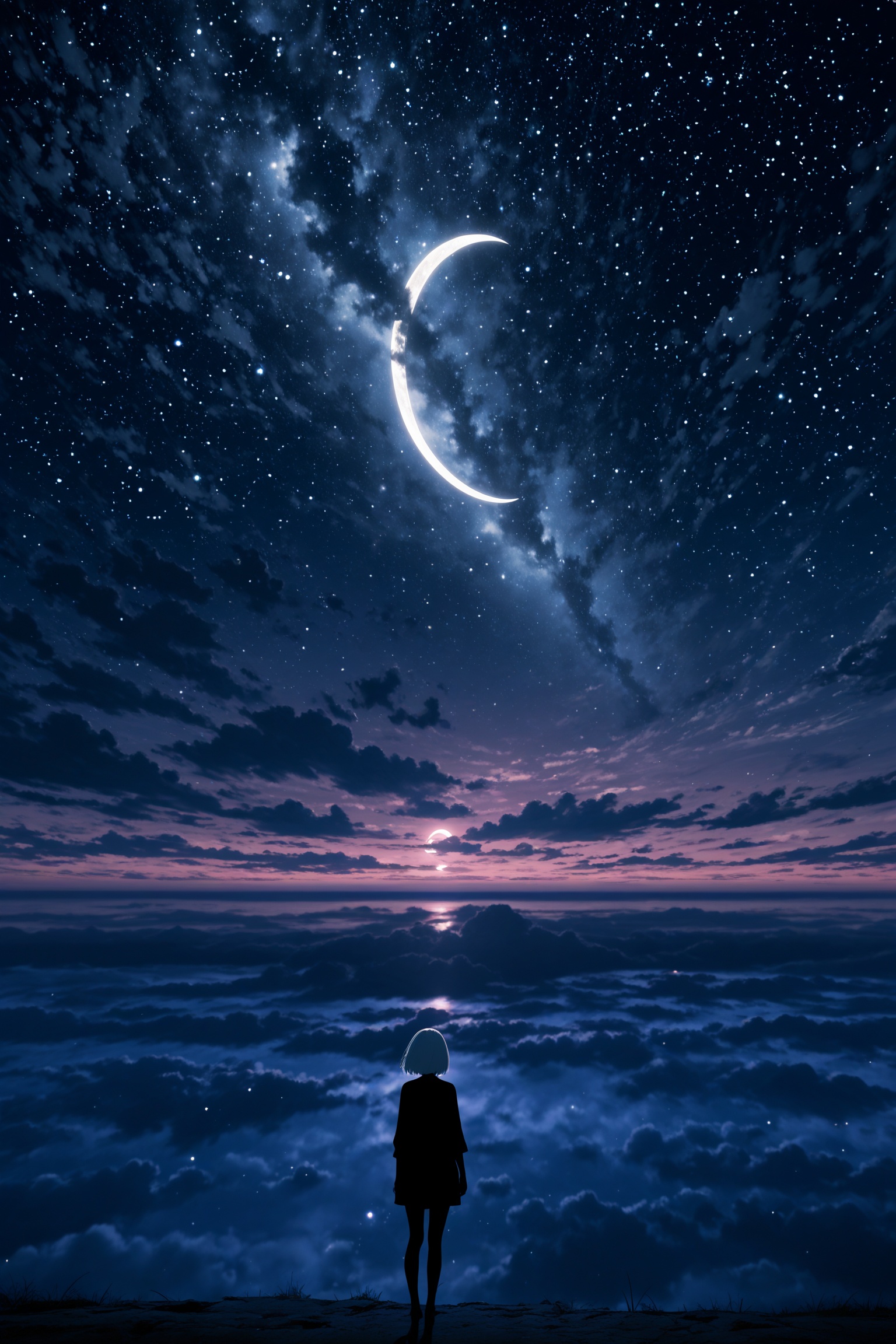 colorful, 1girl, solo, silhouette, from behind, night sky, star \(sky\), starry sky, white hair, night, scenery, moon, sky, crescent moon, short hair, cloudy sky, horizon, standing, outdoors, gra, masterpiece, best quality