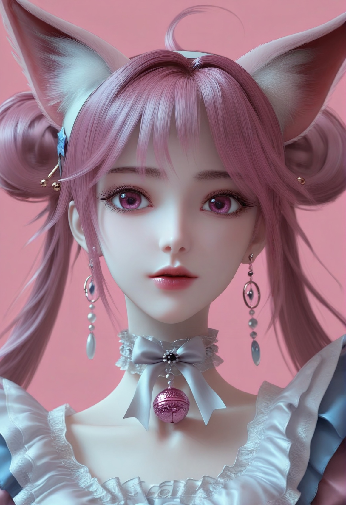 (score_9),<lora:小狸-Apony:0.86>,xiaohuli,solo,animal ear fluff,fox ears,double bun,long hair,twintails,pink hair,ahoge,hairband,earrings_ring,lipstick,choker,neck bell,frills,jewelry,earrings,maid dress,bow,<lora:perfect-eyes:0.8>,pink eyes,(((arms_behind_back))),(mature_female:1.1),mature,collarbone,<lora:e色温:0.5>,(white_skin),(fair_skin),<lora:e肤色滑块:0.5>,front view,light blush,simple background,(huge filesize:1.1),(wallpaper:1.1),(game cg:1.1),rim light,pink background,<lora:Expressive_H:0.8>,<lora:detailed_notrigger:1>,<lora:皮肤凹痕:1.2>,<lora:身材滑块:1>,
