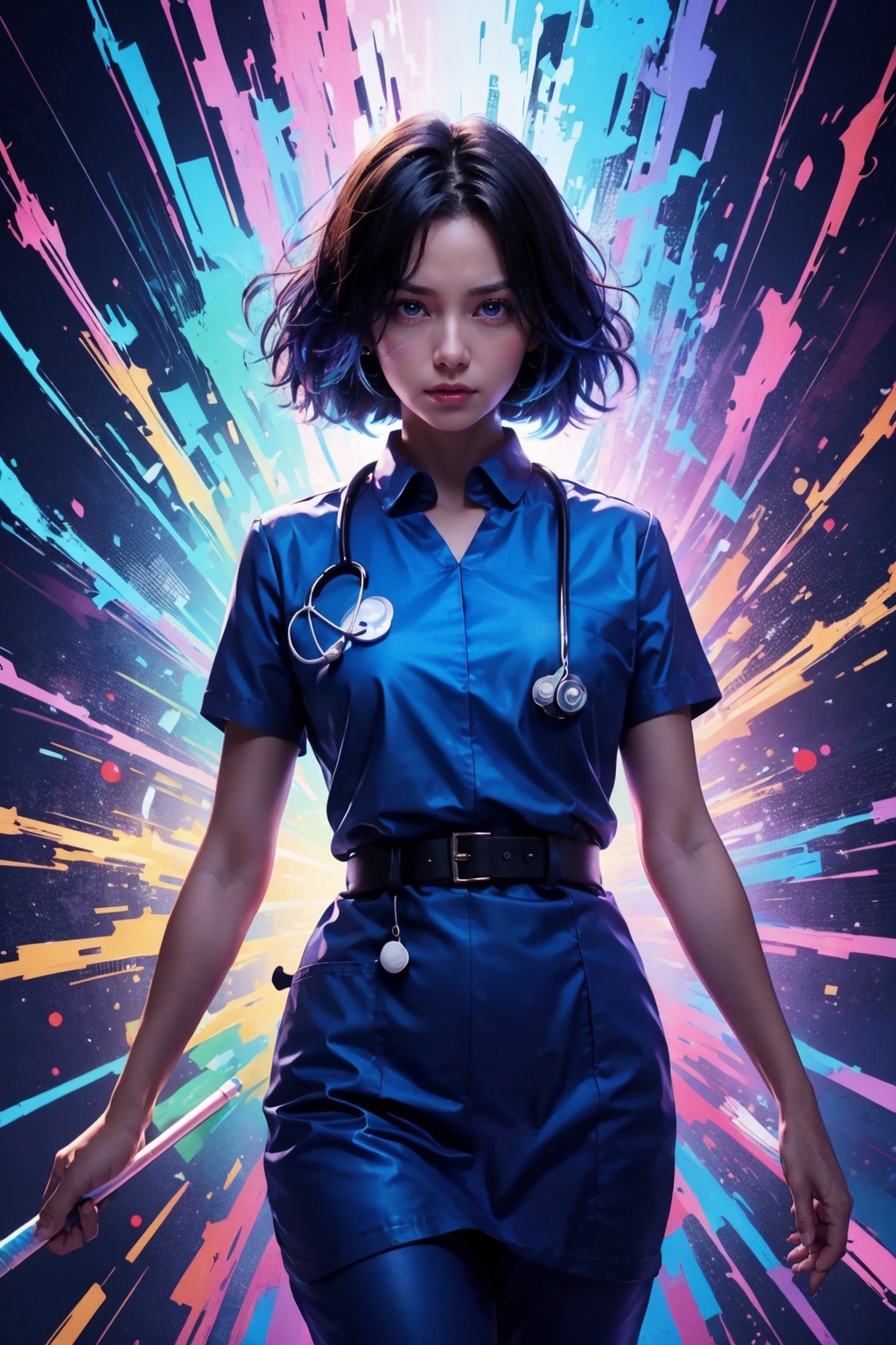 masterpiece,best quality,ultra high res,1girl,tashan,colorful,<lora:踏山听海【炫彩】-v1:0.7>,A kind-hearted nurse practitioner who puts her patients’ needs above all else.,Cobalt theme,