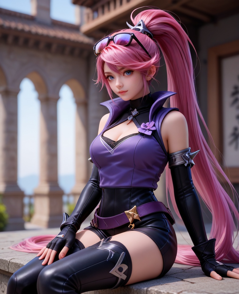 (oriental architecture, elegant decor, sophisticated style:1.1),(sitting with hands around her ankles:1.1),(large breasts:1.2),<lora:XL16王者荣耀孙尚香杀手不太冷:0.95>,miss sunshangxiang,violet vest,black shorts,blue eyes,ponytail,violet dip-dye for pink hair,absurdly long hair,eyewear on head,black elbow gloves,black thigh boots,belt,medium breasts,, score_9,score_8_up,score_7_up,score_6_up,score_5_up,score_4_up,3d rendering,tag1,tag2, Cinematic Lighting,backlighting,, zPDXL3, zPDXL2,zPDXL, zPDXLxxx, zPDXLrl,