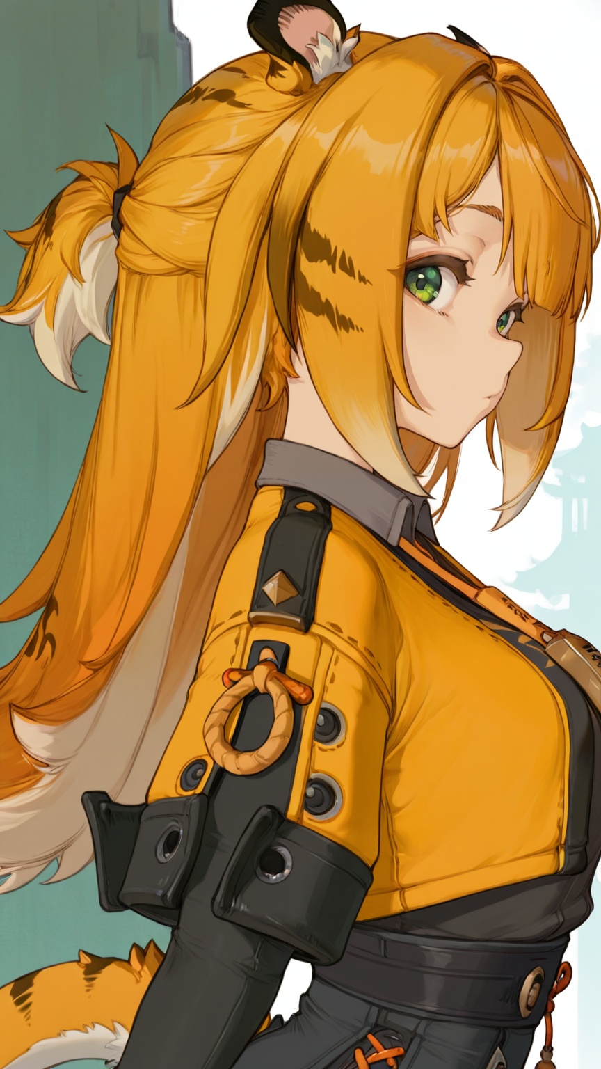 masterpiece,best quality,amazing quality,<lora:jufufu-000016:0.8>,ju fufu\(zenless zone zero\),1girl,solo,tiger tail,tiger ears,green eyes,orange hair,upper body,<lora:secai:0.8>,yishu,1girl,solo,looking at viewer,